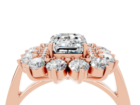 Rose gold Emerald Cut Halo Cluster Diamond Ring with Pave Band and Four-Prong Setting_16