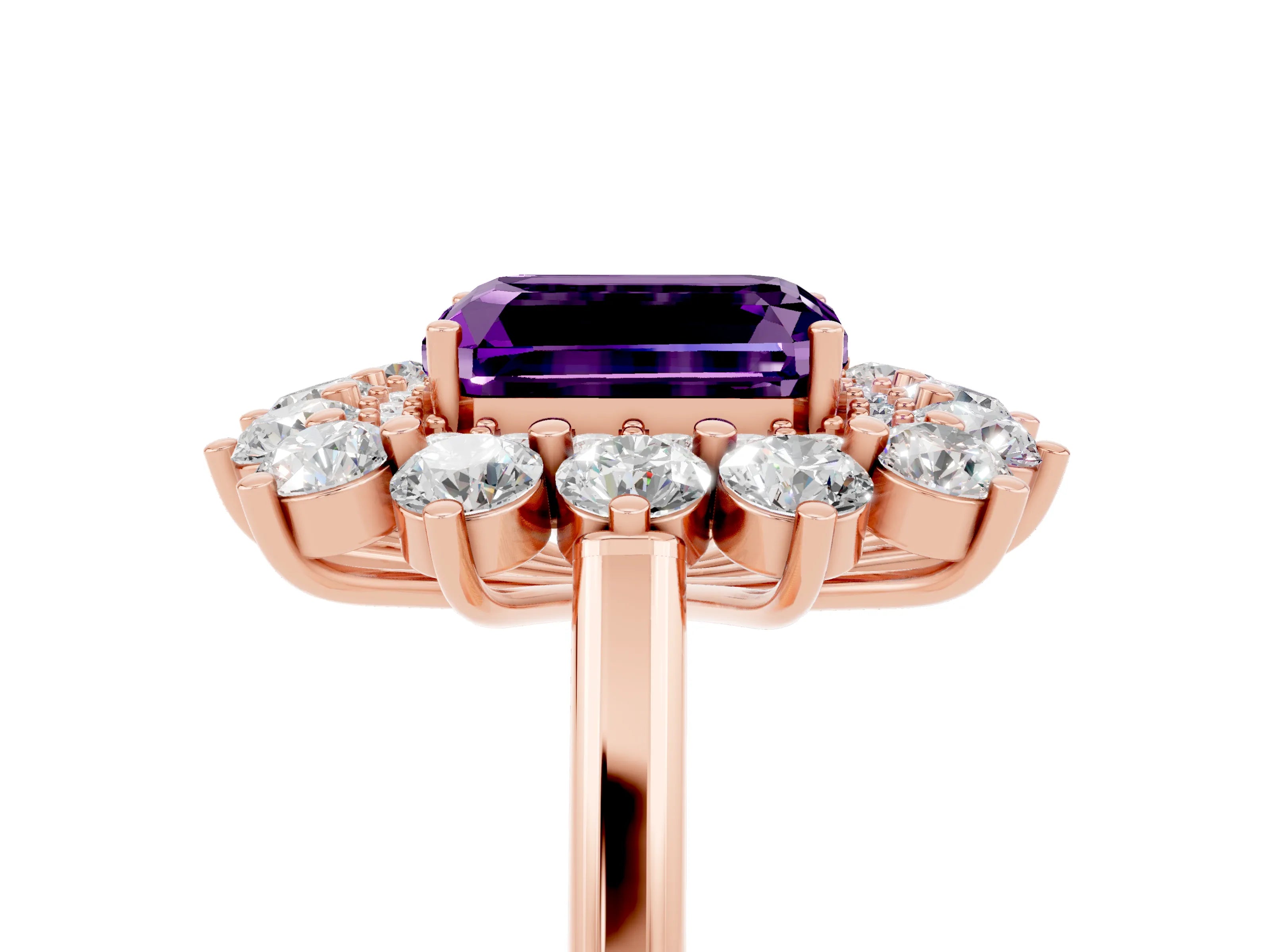 Rose gold Emerald Cut Halo Cluster Diamond Ring with Pave Band and Four-Prong Setting_17