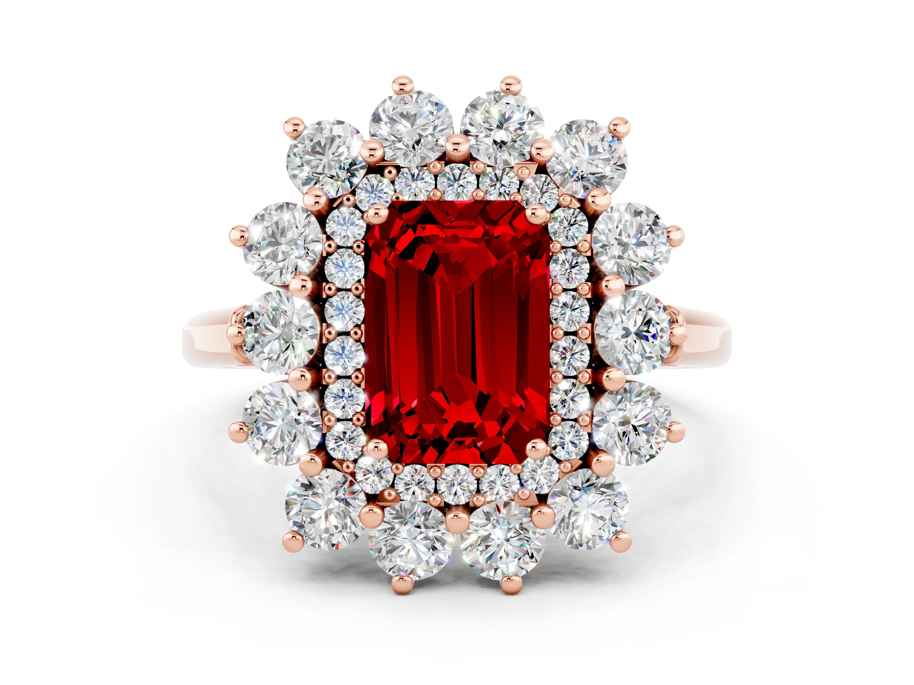 Rose gold Emerald Cut Halo Cluster Diamond Ring with Pave Band and Four-Prong Setting