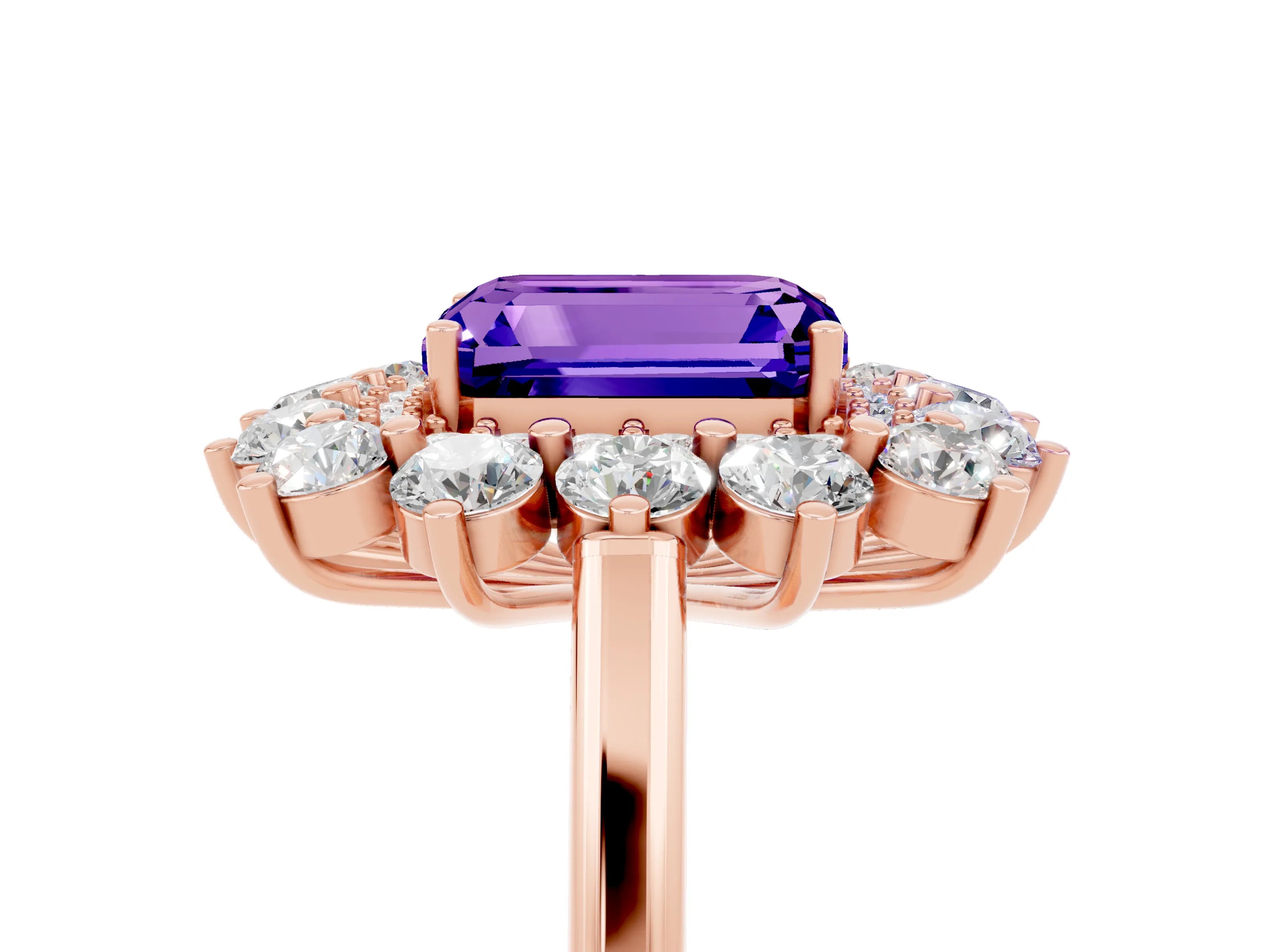 Rose gold Emerald Cut Halo Cluster Diamond Ring with Pave Band and Four-Prong Setting_17