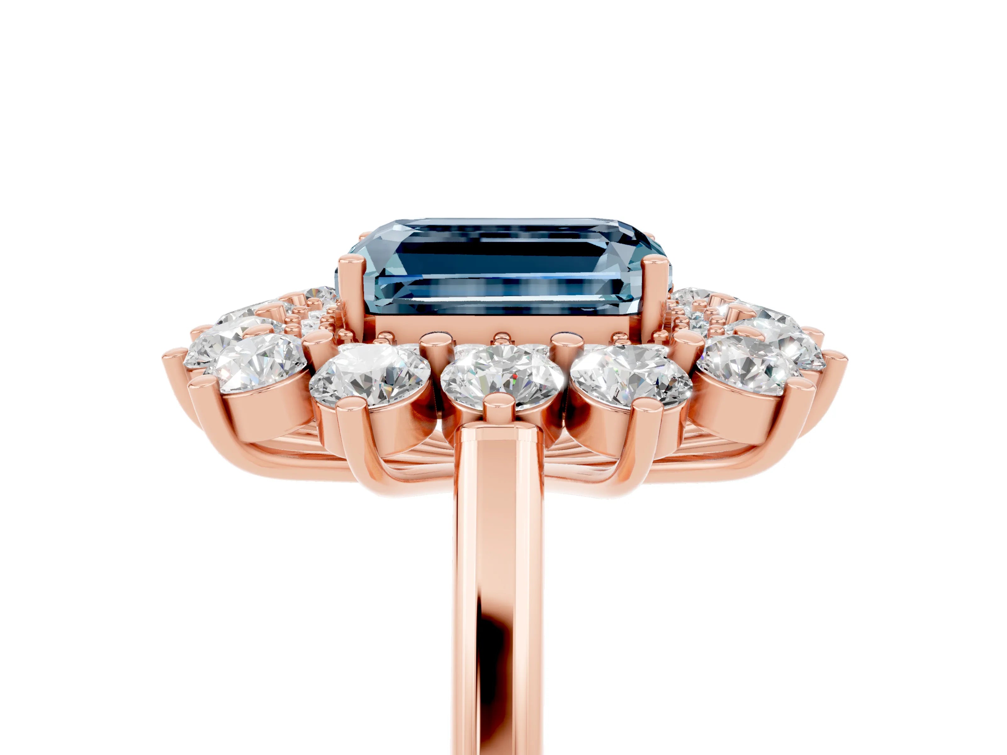 Rose gold Emerald Cut Halo Cluster Diamond Ring with Pave Band and Four-Prong Setting_17