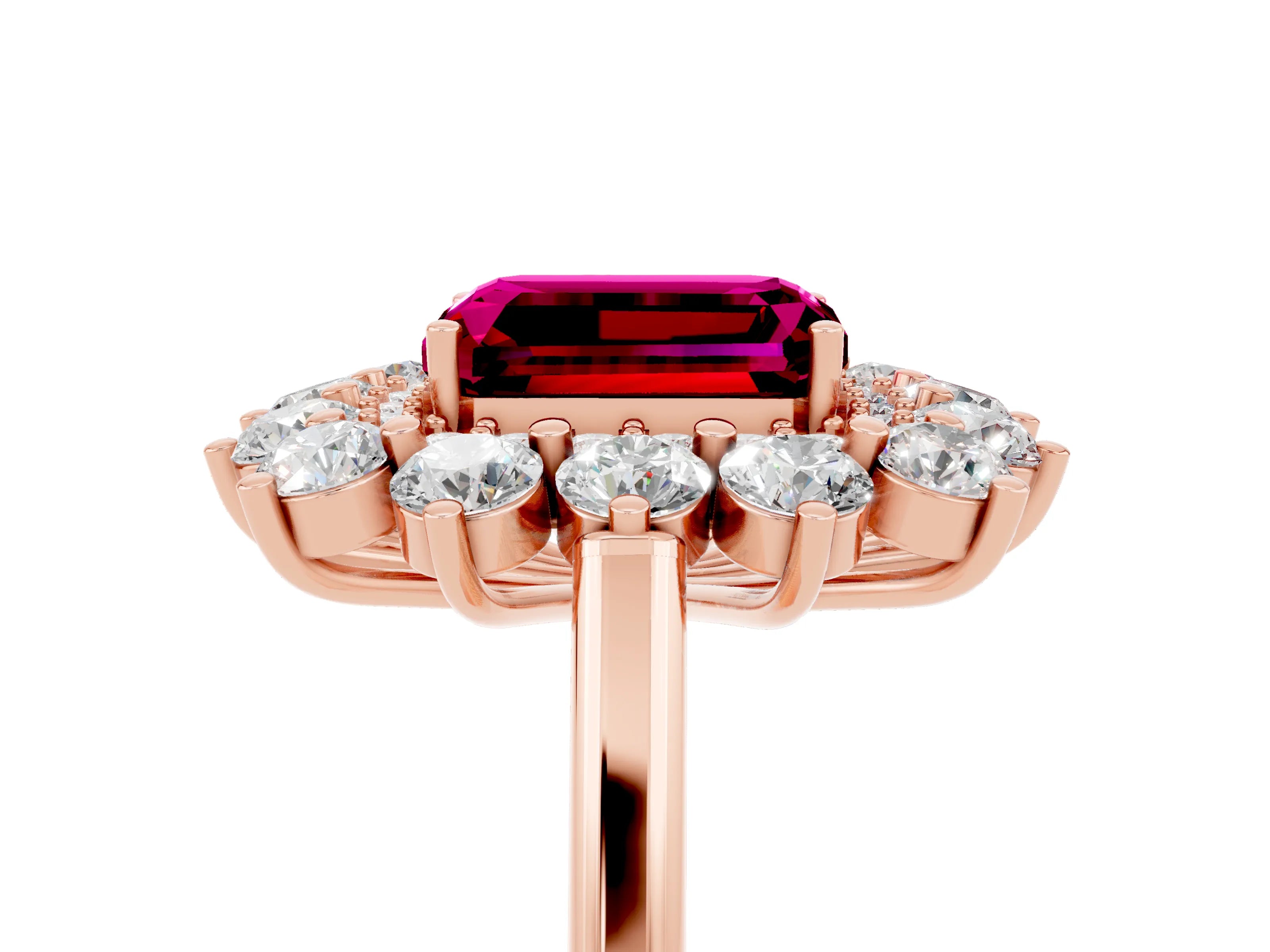 Rose gold Emerald Cut Halo Cluster Diamond Ring with Pave Band and Four-Prong Setting_17