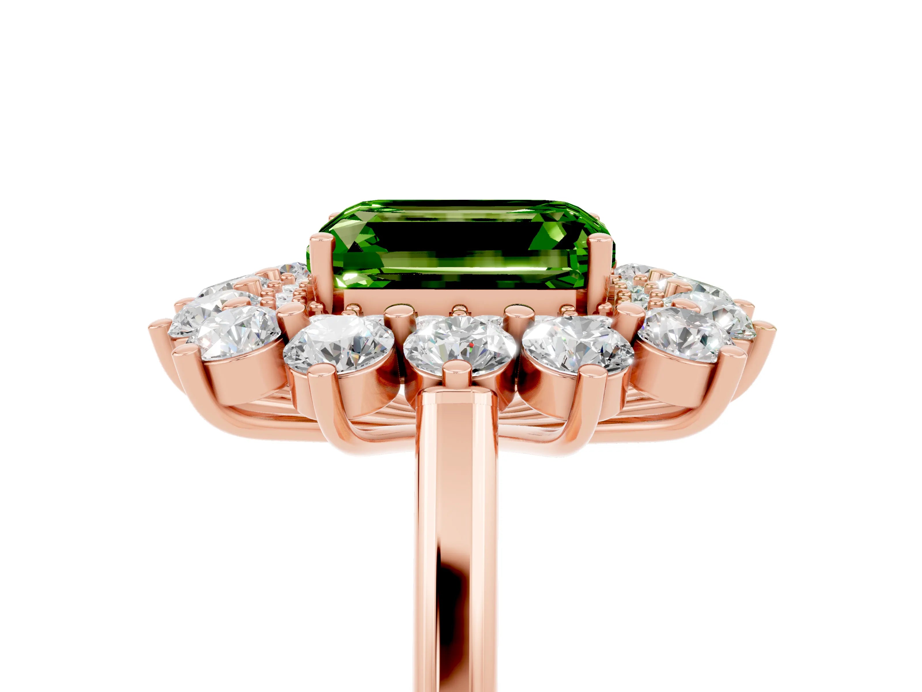 Rose gold Emerald Cut Halo Cluster Diamond Ring with Pave Band and Four-Prong Setting_17