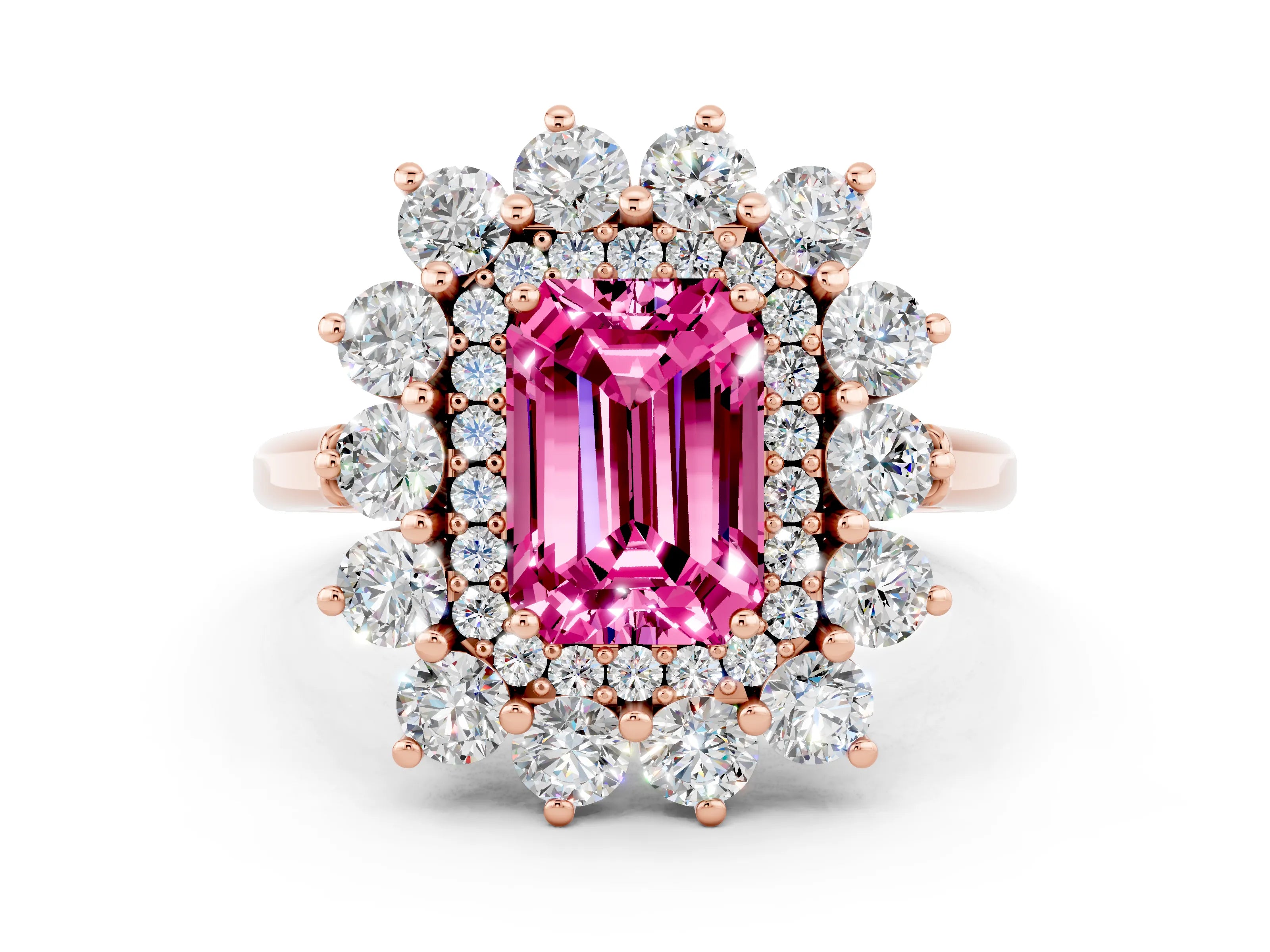 Rose gold Emerald Cut Halo Cluster Diamond Ring with Pave Band and Four-Prong Setting_18