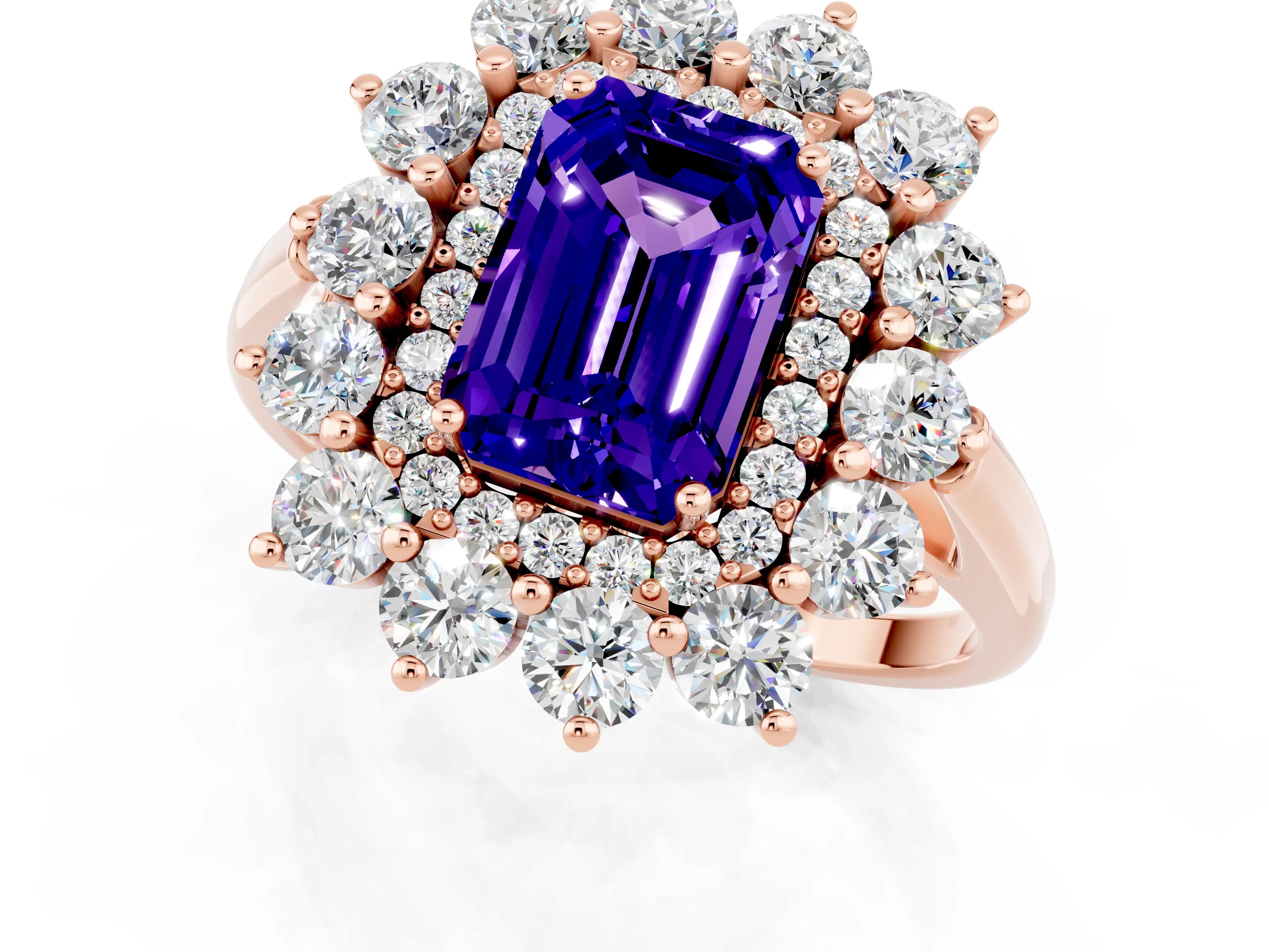 Rose gold Emerald Cut Halo Cluster Diamond Ring with Pave Band and Four-Prong Setting_1