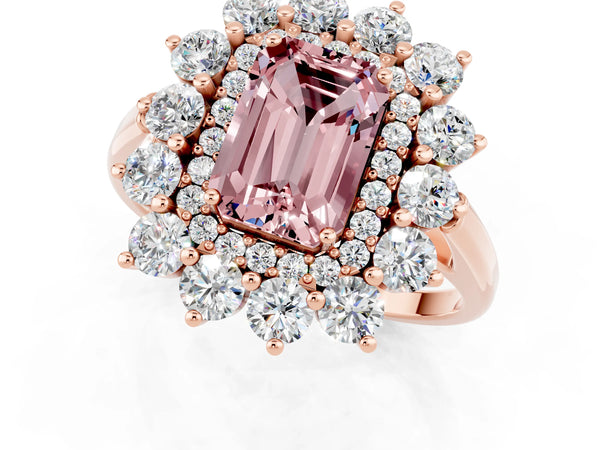 Rose gold Emerald Cut Halo Cluster Diamond Ring with Pave Band and Four-Prong Setting