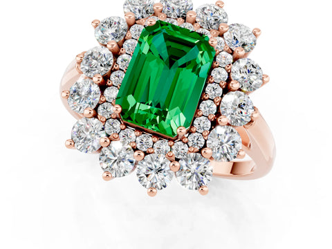 Rose gold Emerald Cut Halo Cluster Diamond Ring with Pave Band and Four-Prong Setting_1