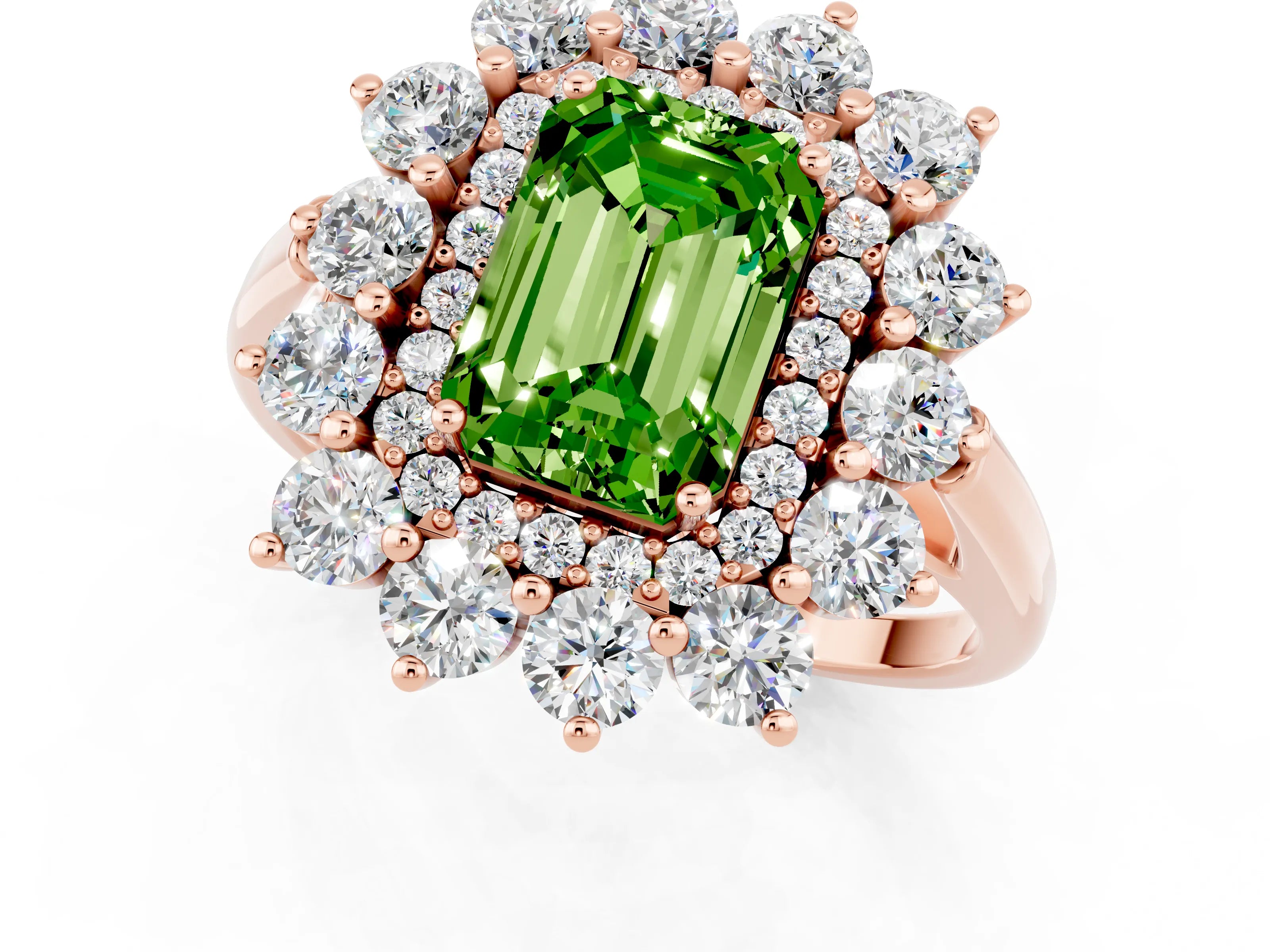 Rose gold Emerald Cut Halo Cluster Diamond Ring with Pave Band and Four-Prong Setting_1