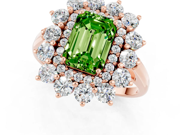 Rose gold Emerald Cut Halo Cluster Diamond Ring with Pave Band and Four-Prong Setting