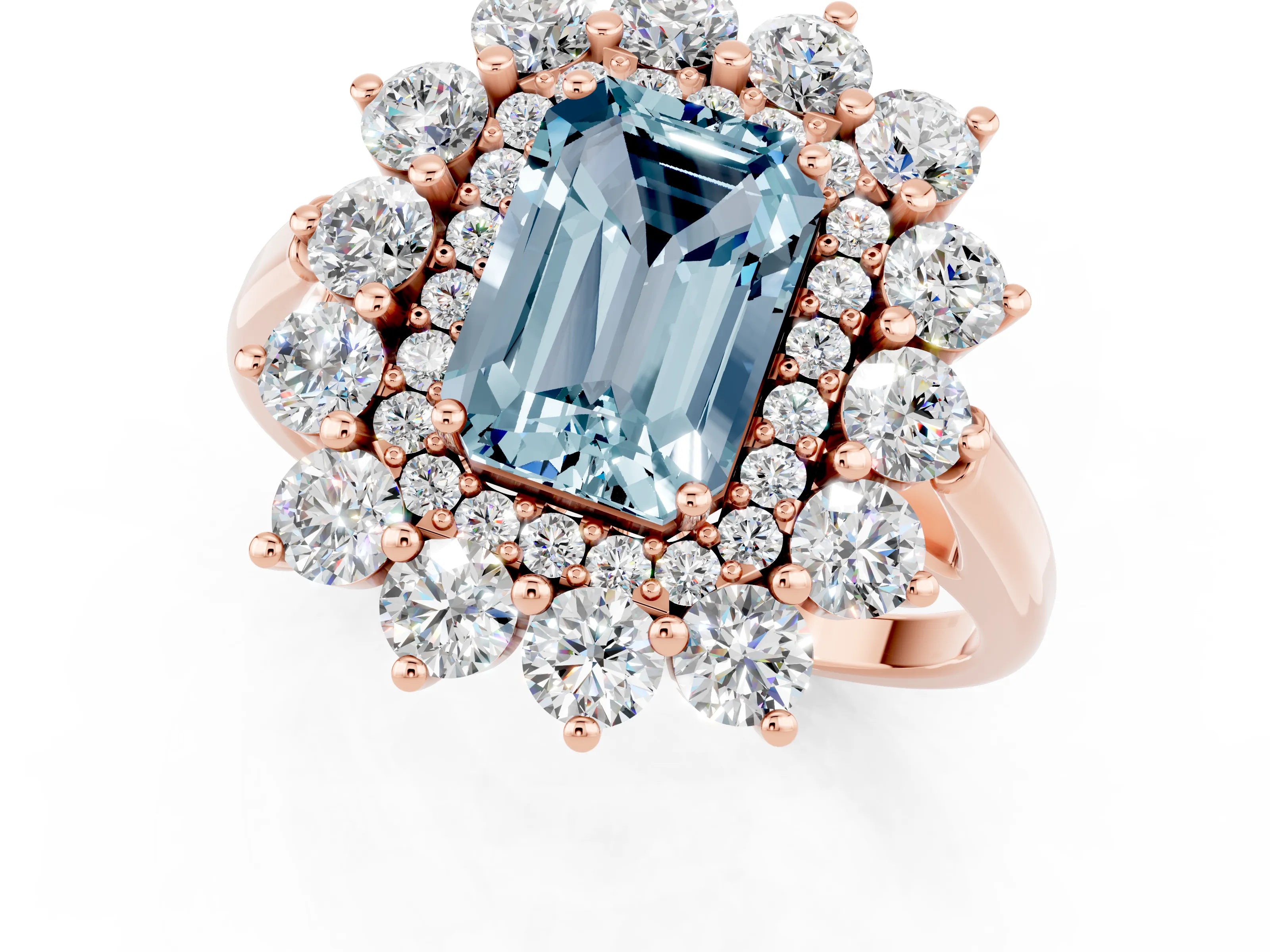 Rose gold Emerald Cut Halo Cluster Diamond Ring with Pave Band and Four-Prong Setting_1