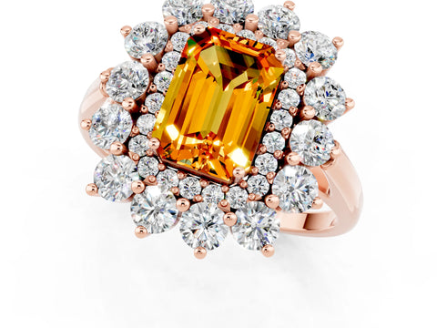 Rose gold Emerald Cut Halo Cluster Diamond Ring with Pave Band and Four-Prong Setting_1