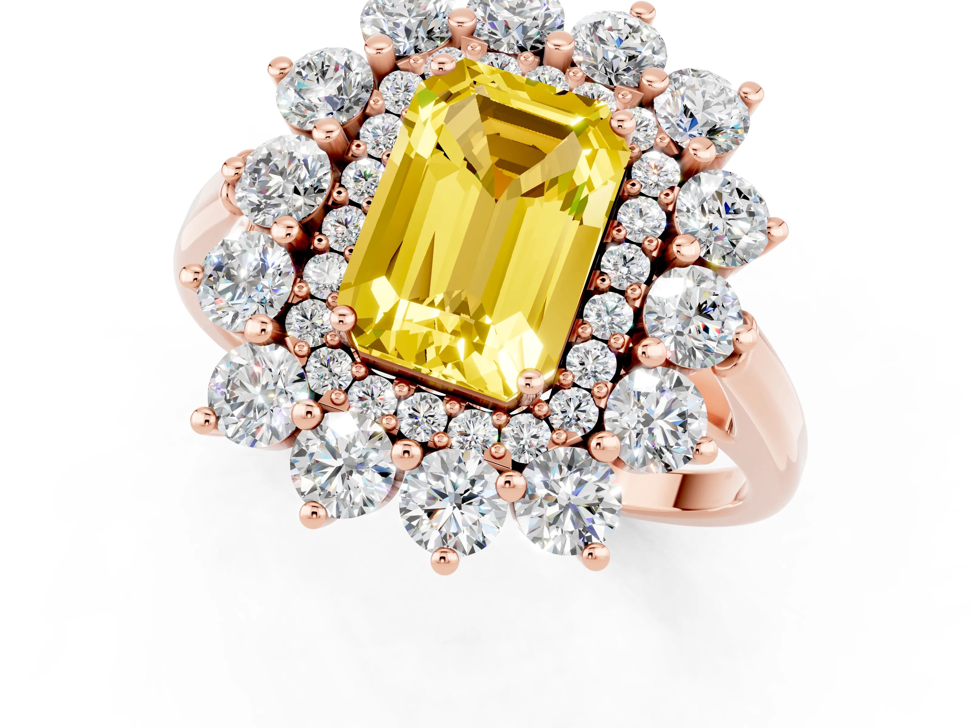 Rose gold Emerald Cut Halo Cluster Diamond Ring with Pave Band and Four-Prong Setting_1