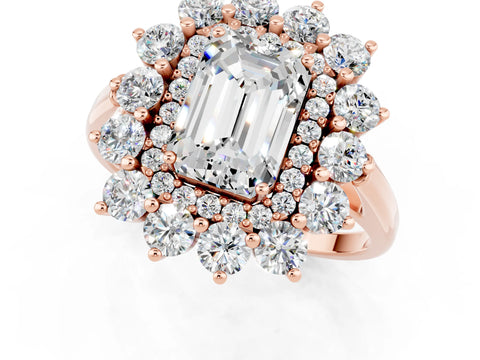 Rose gold Emerald Cut Halo Cluster Diamond Ring with Pave Band and Four-Prong Setting_1