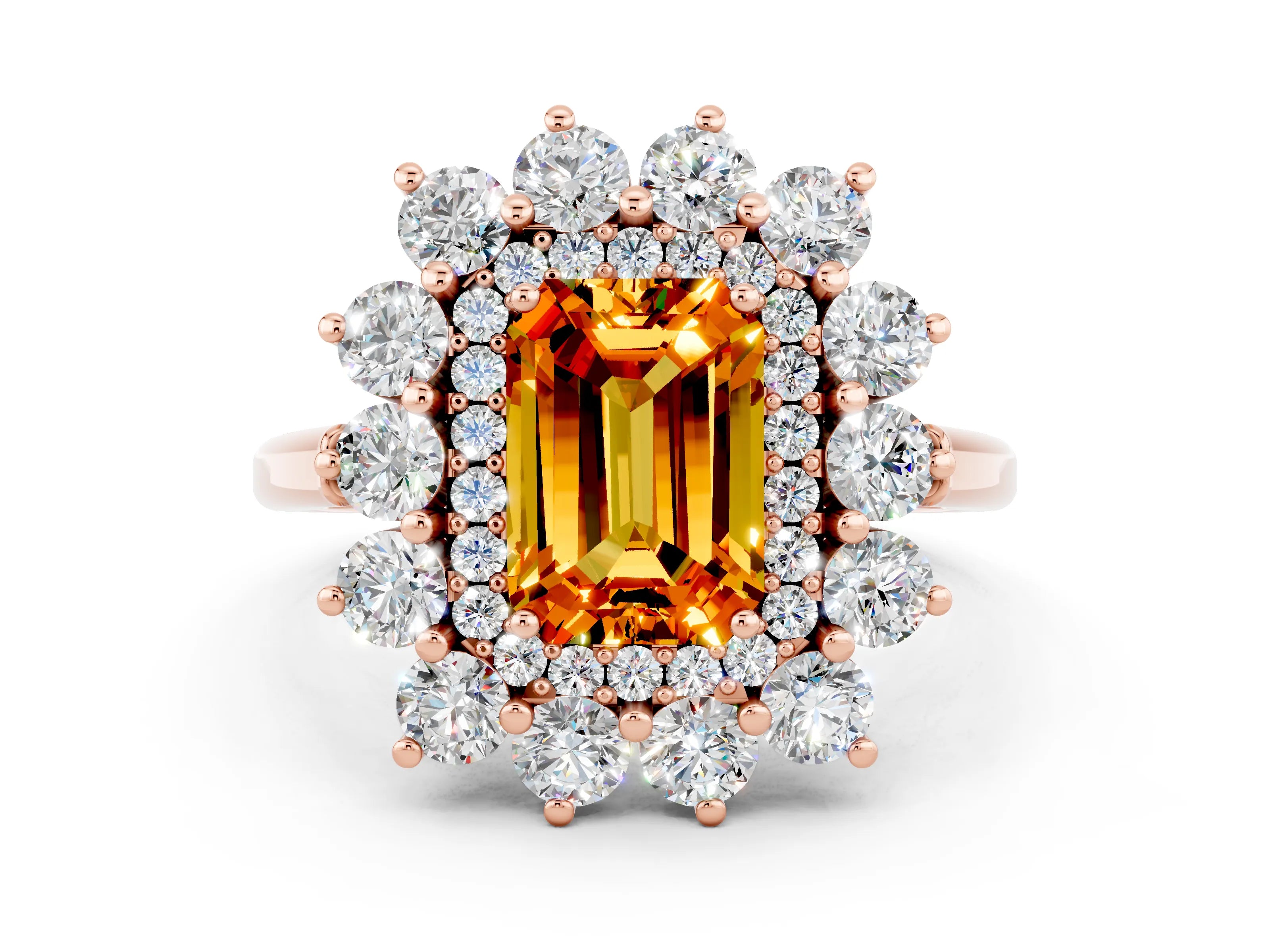Rose gold Emerald Cut Halo Cluster Diamond Ring with Pave Band and Four-Prong Setting