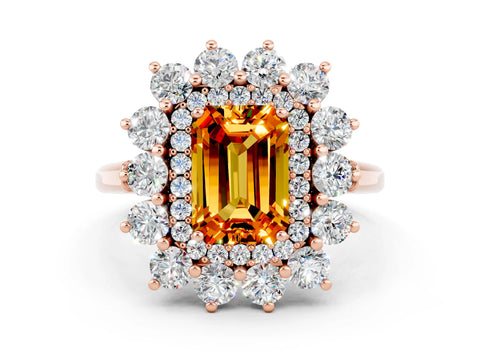 Rose gold Emerald Cut Halo Cluster Diamond Ring with Pave Band and Four-Prong Setting