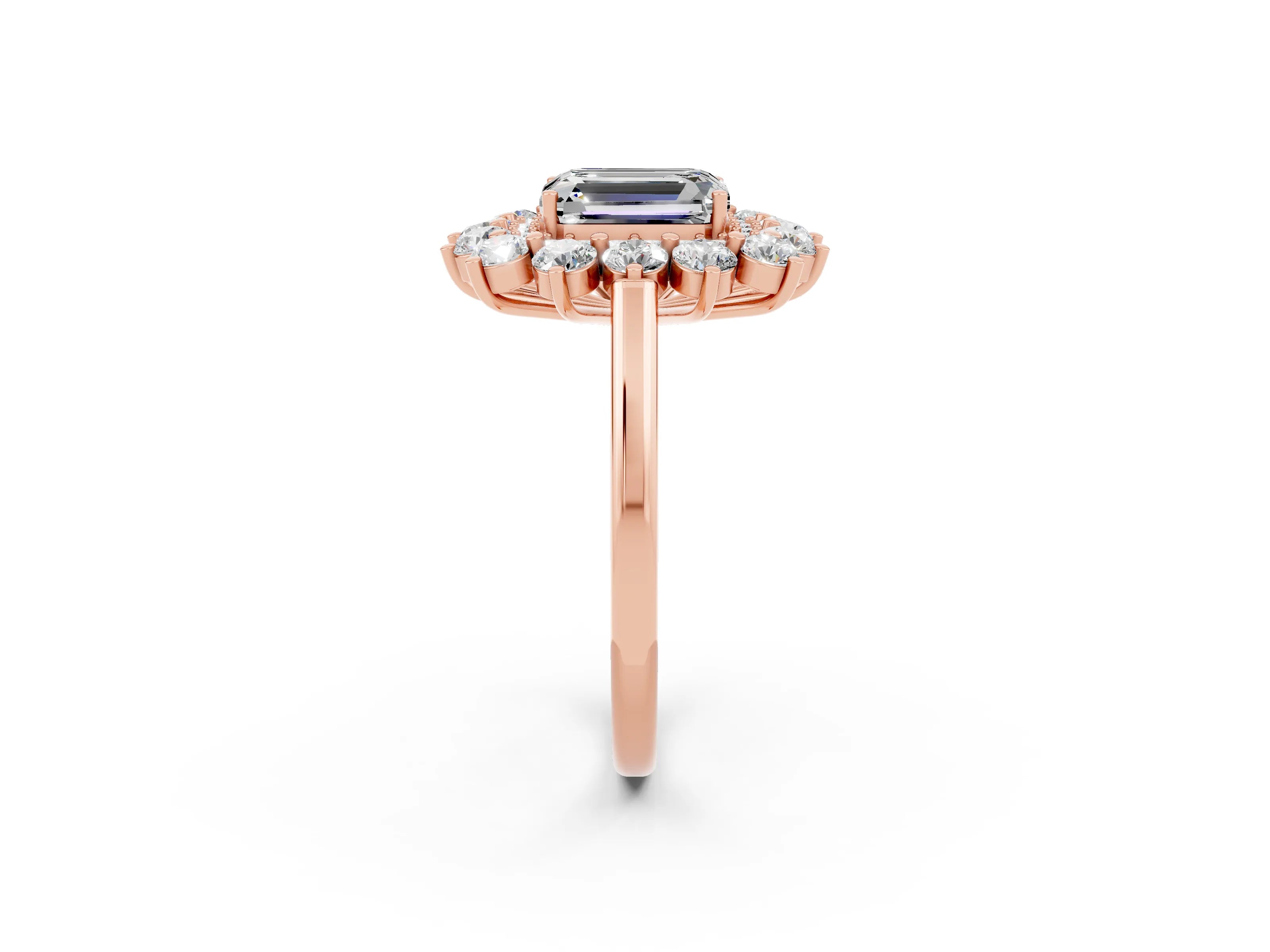 Rose gold Emerald Cut Halo Cluster Diamond Ring with Pave Band and Four-Prong Setting_2