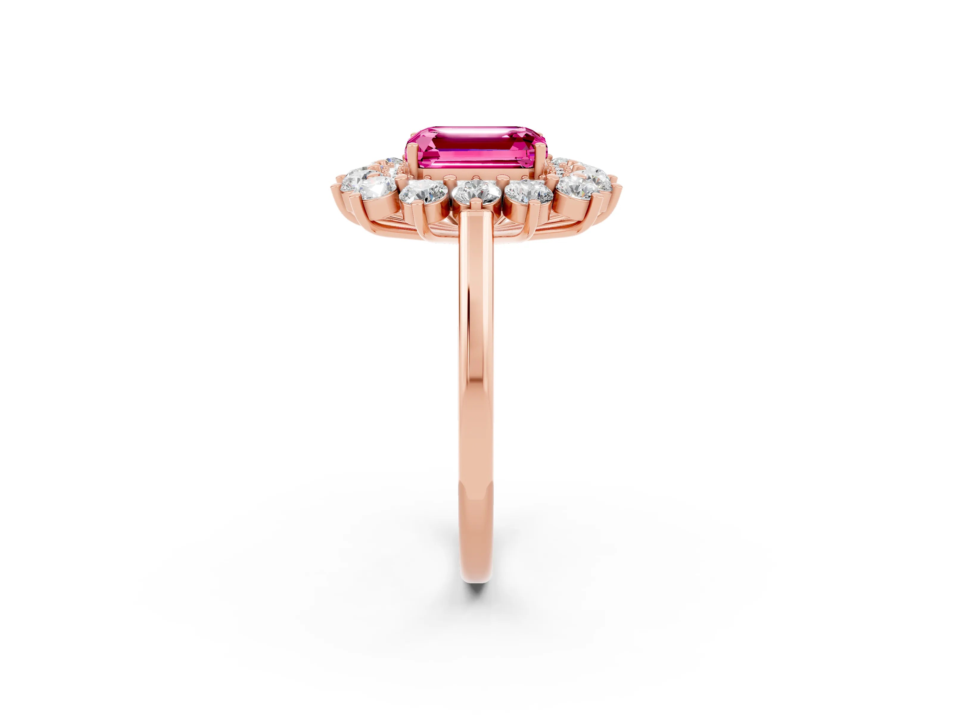 Rose gold Emerald Cut Halo Cluster Diamond Ring with Pave Band and Four-Prong Setting_20