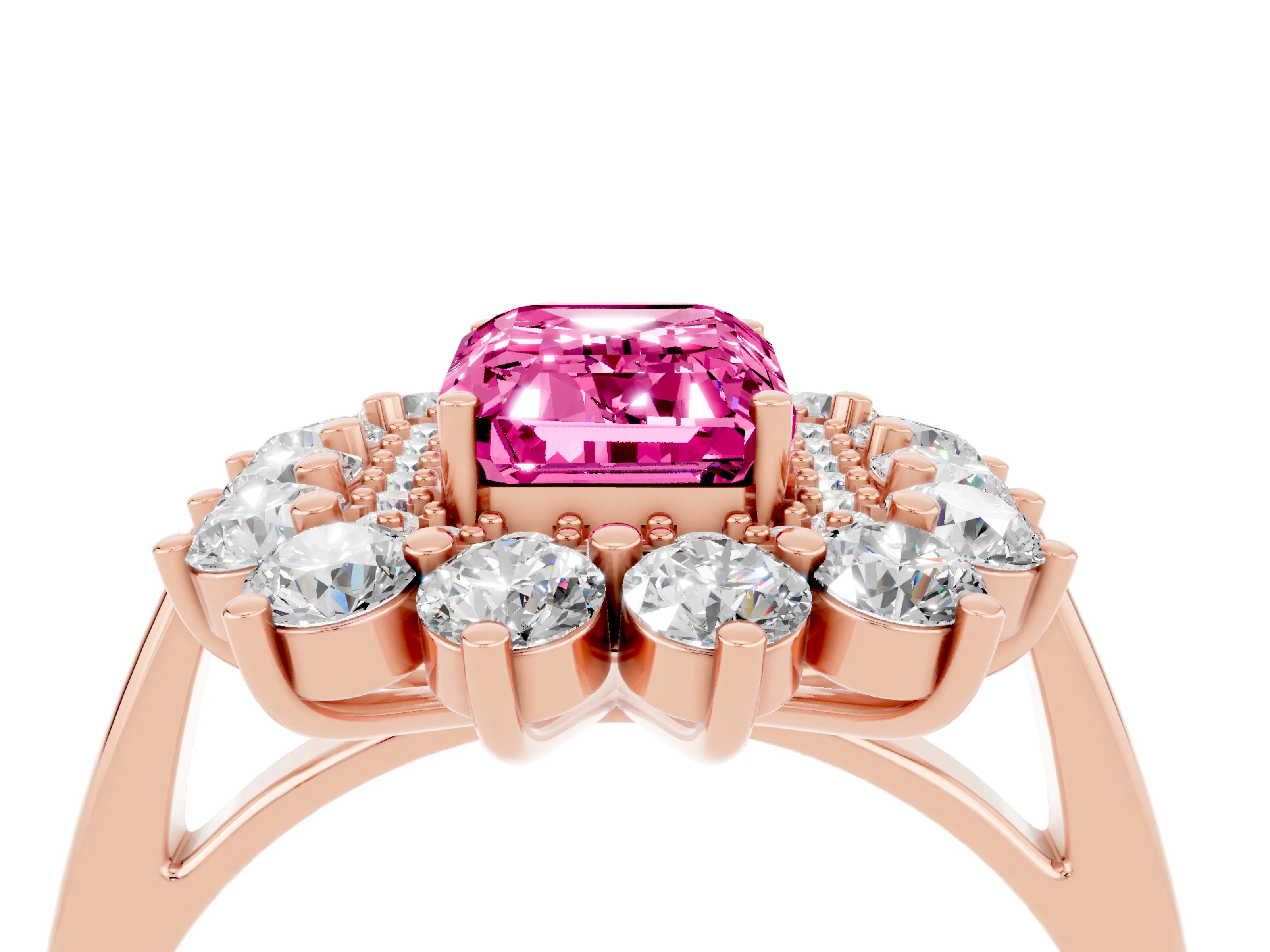 Rose gold Emerald Cut Halo Cluster Diamond Ring with Pave Band and Four-Prong Setting_22