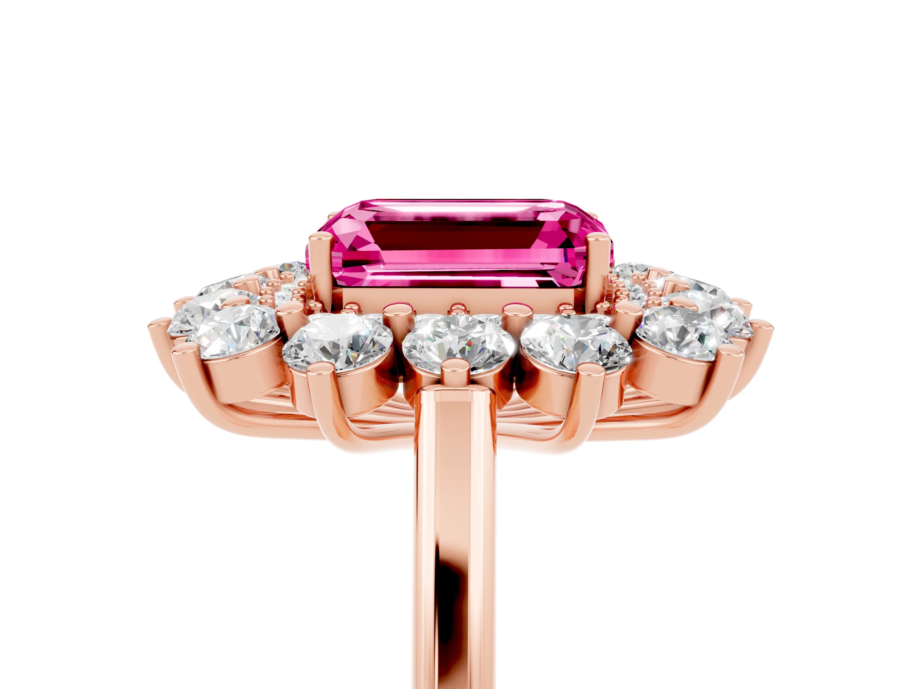 Rose gold Emerald Cut Halo Cluster Diamond Ring with Pave Band and Four-Prong Setting_23