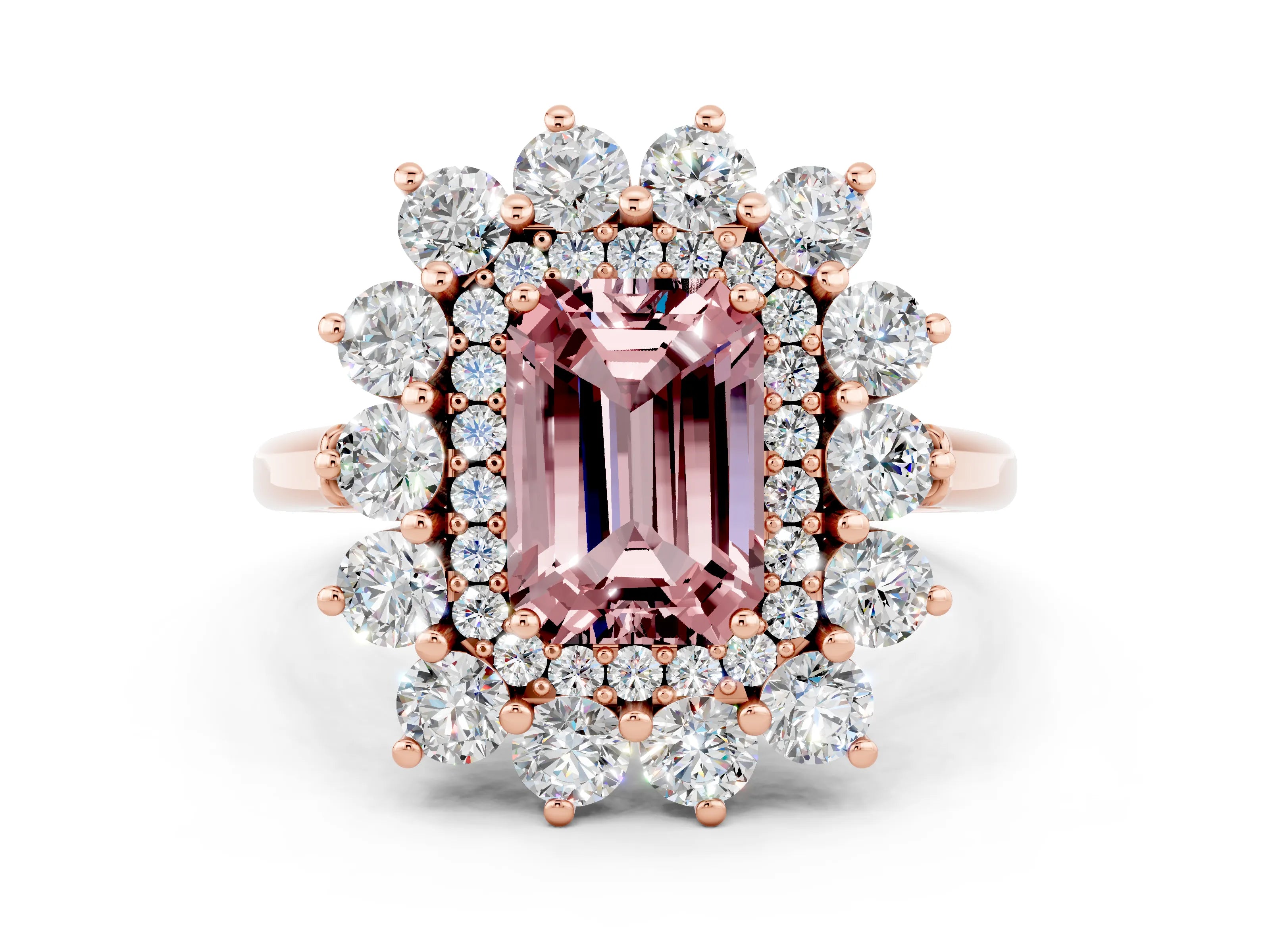 Rose gold Emerald Cut Halo Cluster Diamond Ring with Pave Band and Four-Prong Setting_24