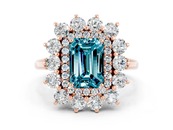 Rose gold Emerald Cut Blue Topaz Floral Double Halo Engagement Ring with Prong Setting
