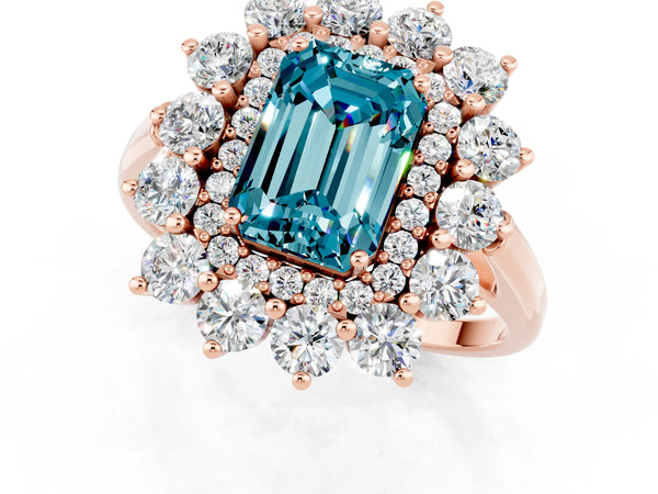 Rose gold Emerald Cut Blue Topaz Floral Double Halo Engagement Ring with Prong Setting