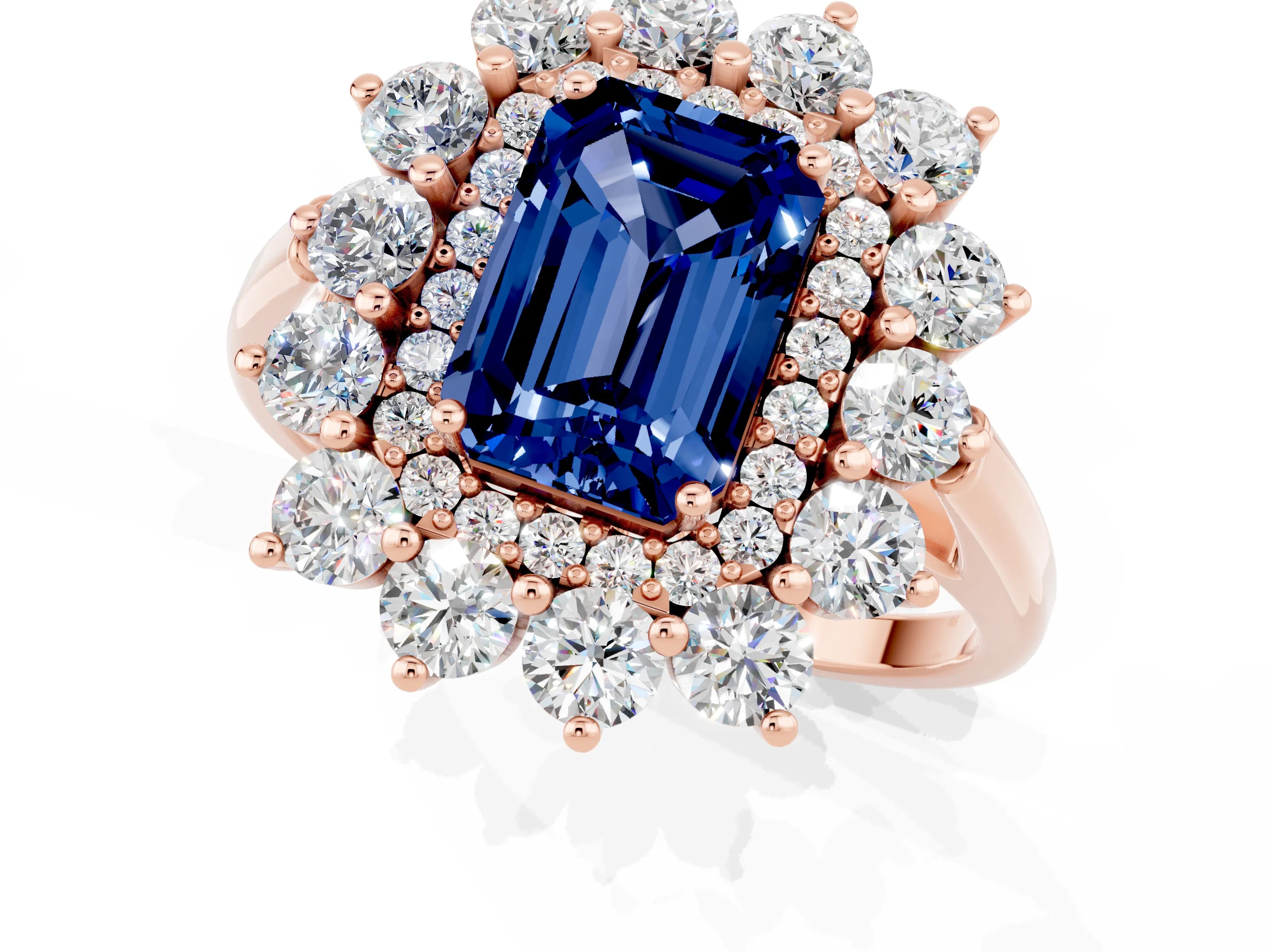 Rose gold Emerald Cut Halo Cluster Diamond Ring with Pave Band and Four-Prong Setting_25