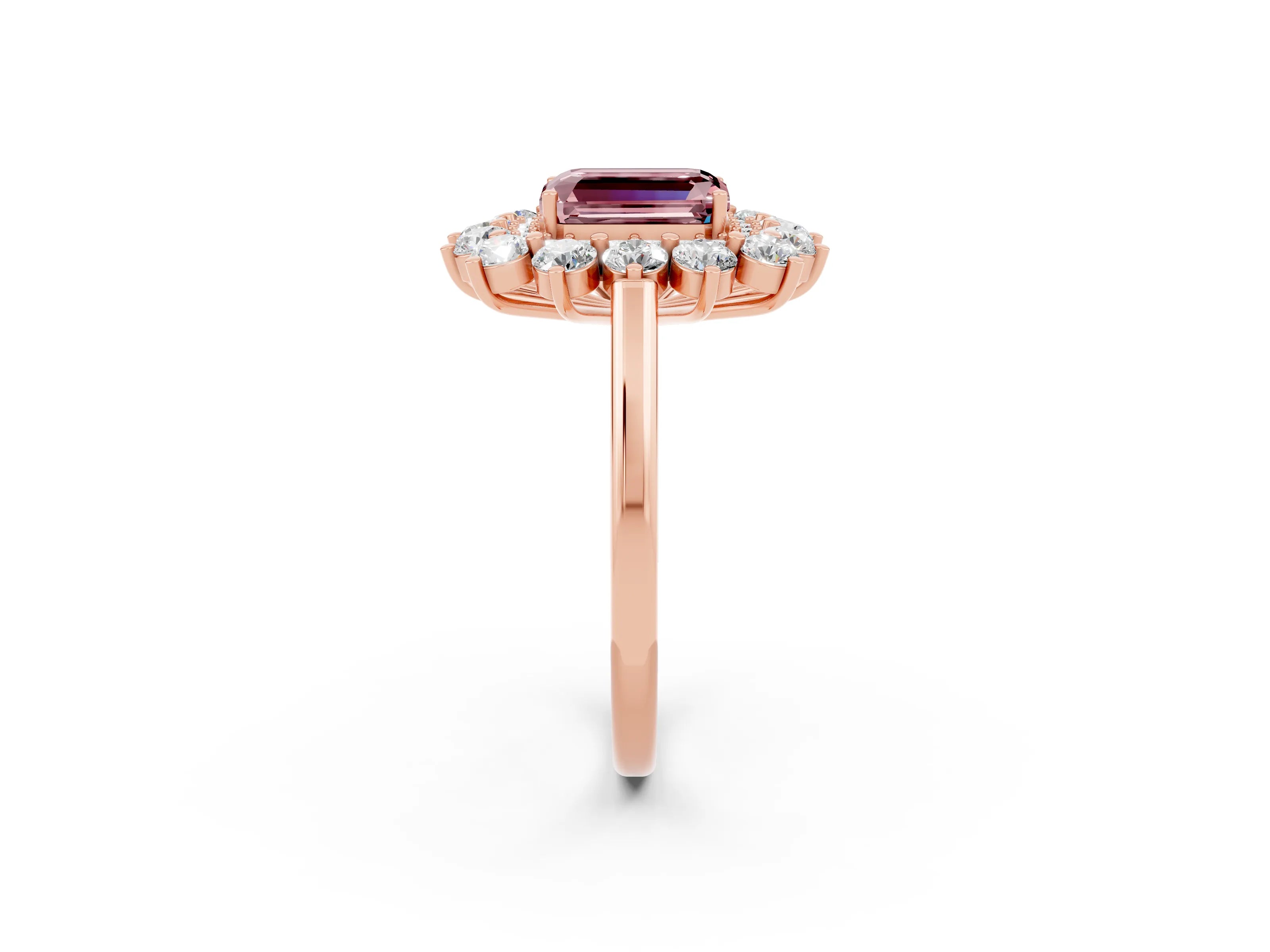 Rose gold Emerald Cut Halo Cluster Diamond Ring with Pave Band and Four-Prong Setting_26