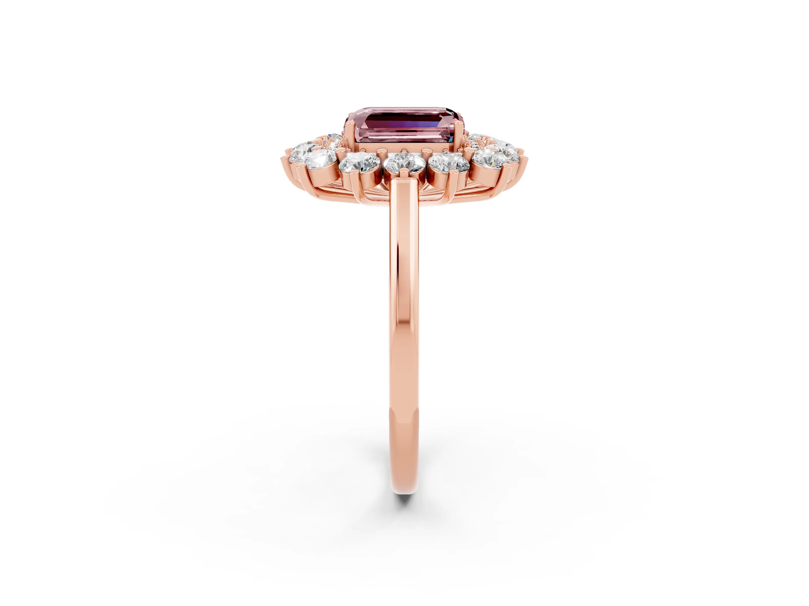 Rose gold Emerald Cut Halo Cluster Diamond Ring with Pave Band and Four-Prong Setting_26