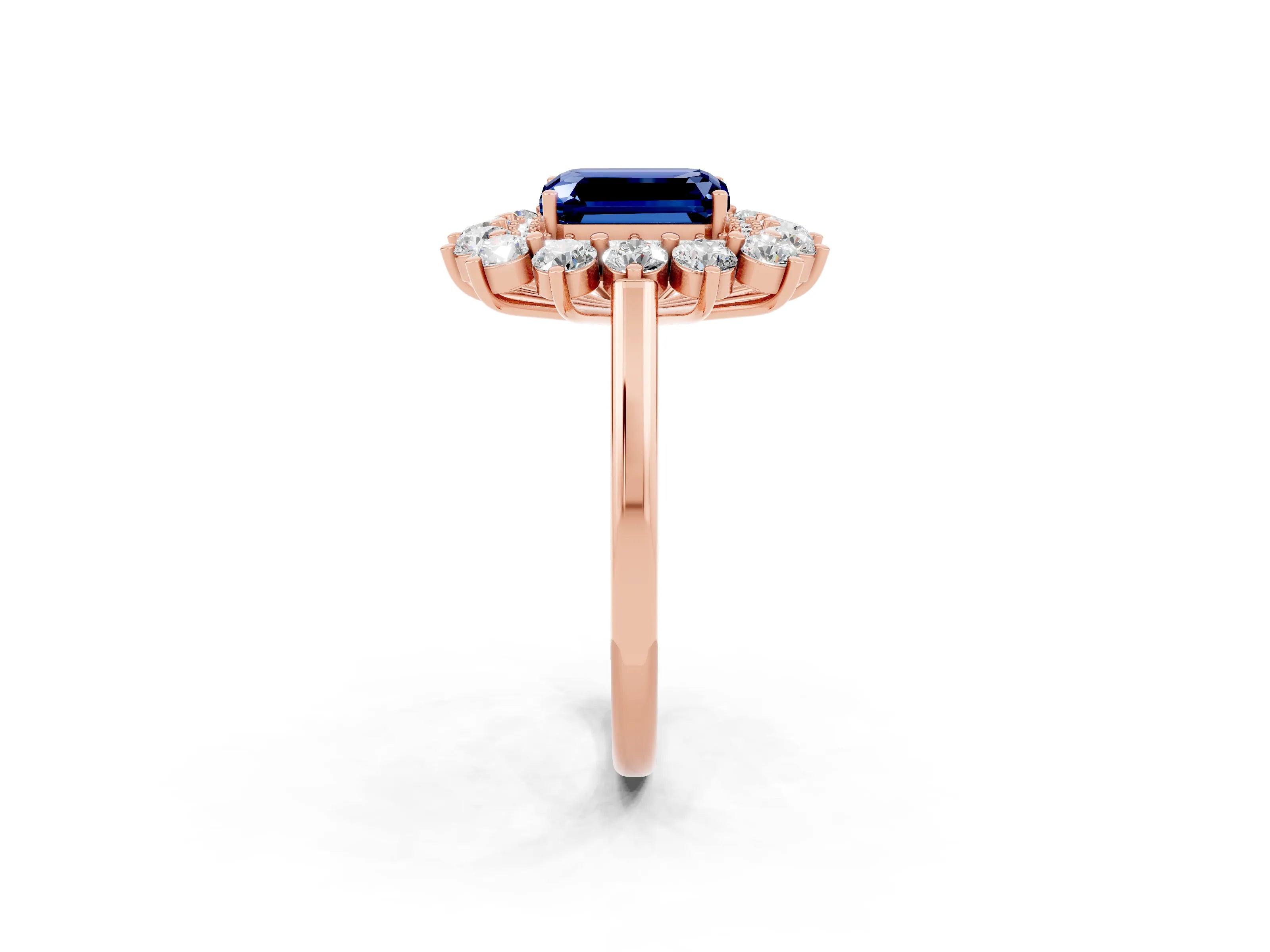Rose gold Emerald Cut Halo Cluster Diamond Ring with Pave Band and Four-Prong Setting_26