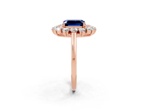 Rose gold Emerald Cut Halo Cluster Diamond Ring with Pave Band and Four-Prong Setting_26
