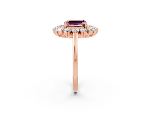 Rose gold Emerald Cut Halo Cluster Diamond Ring with Pave Band and Four-Prong Setting_26