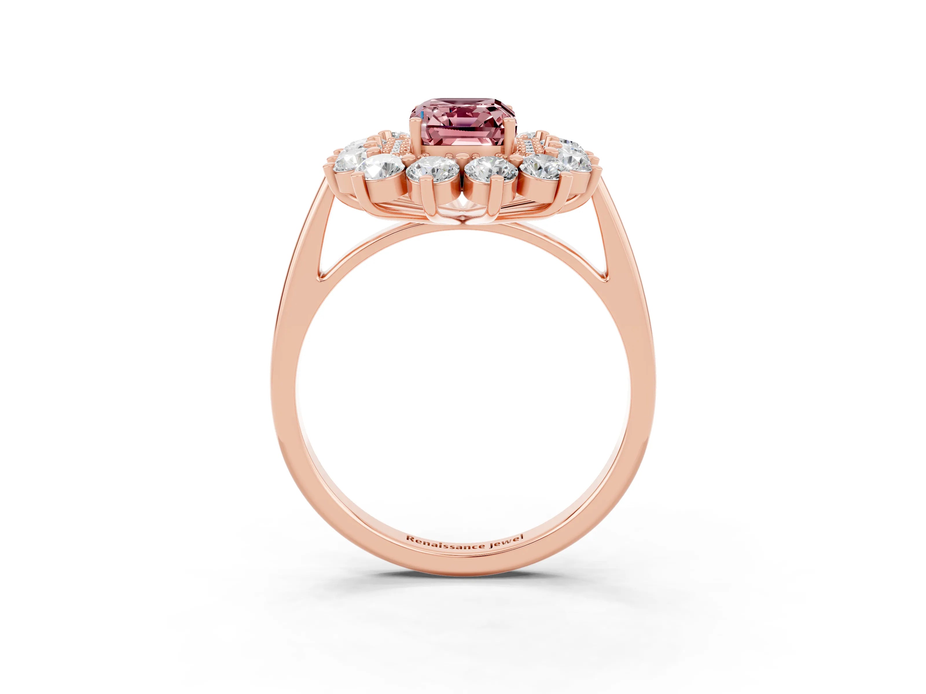 Rose gold Emerald Cut Halo Cluster Diamond Ring with Pave Band and Four-Prong Setting_27