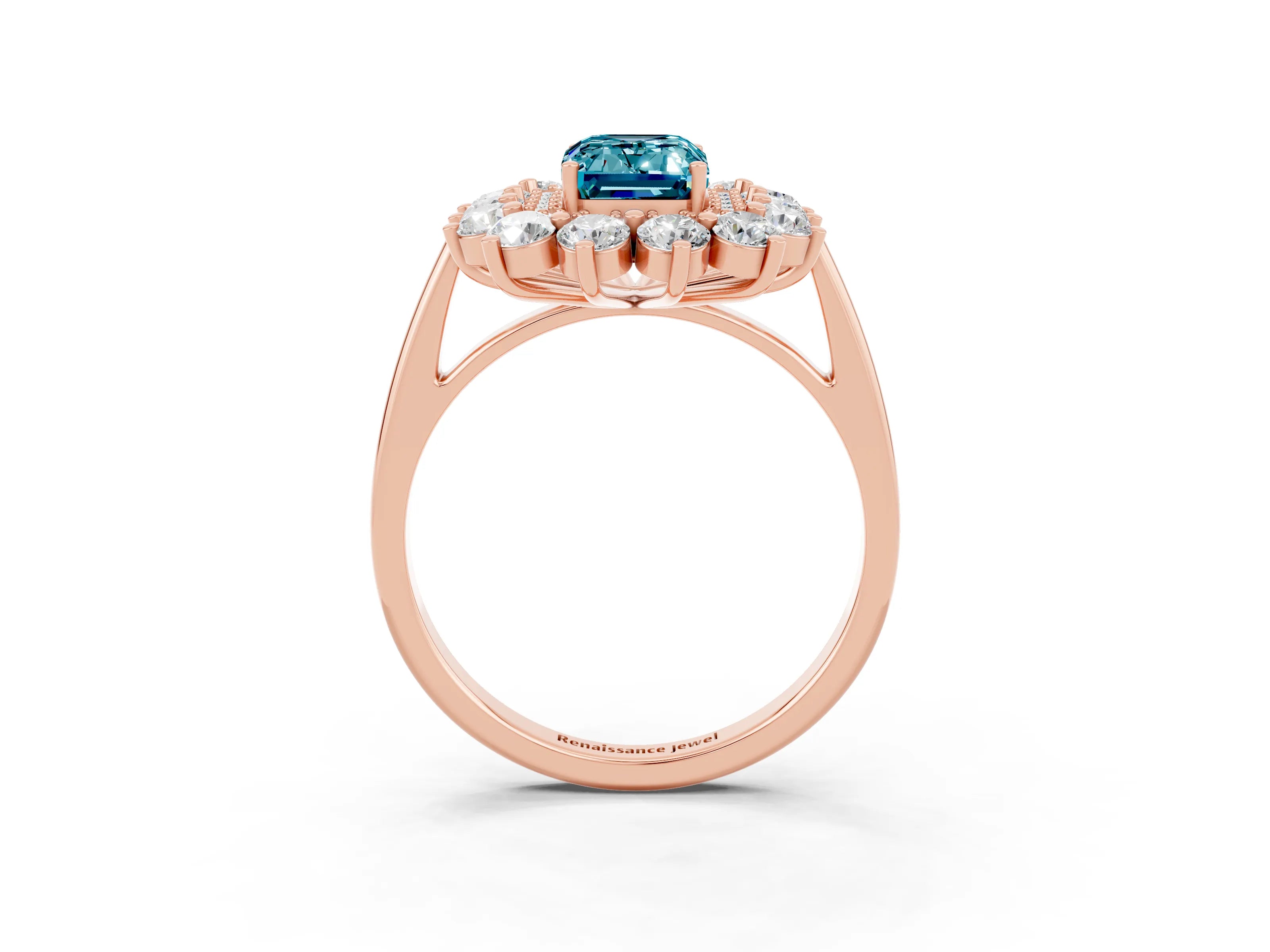 Rose gold Emerald Cut Halo Cluster Diamond Ring with Pave Band and Four-Prong Setting_27