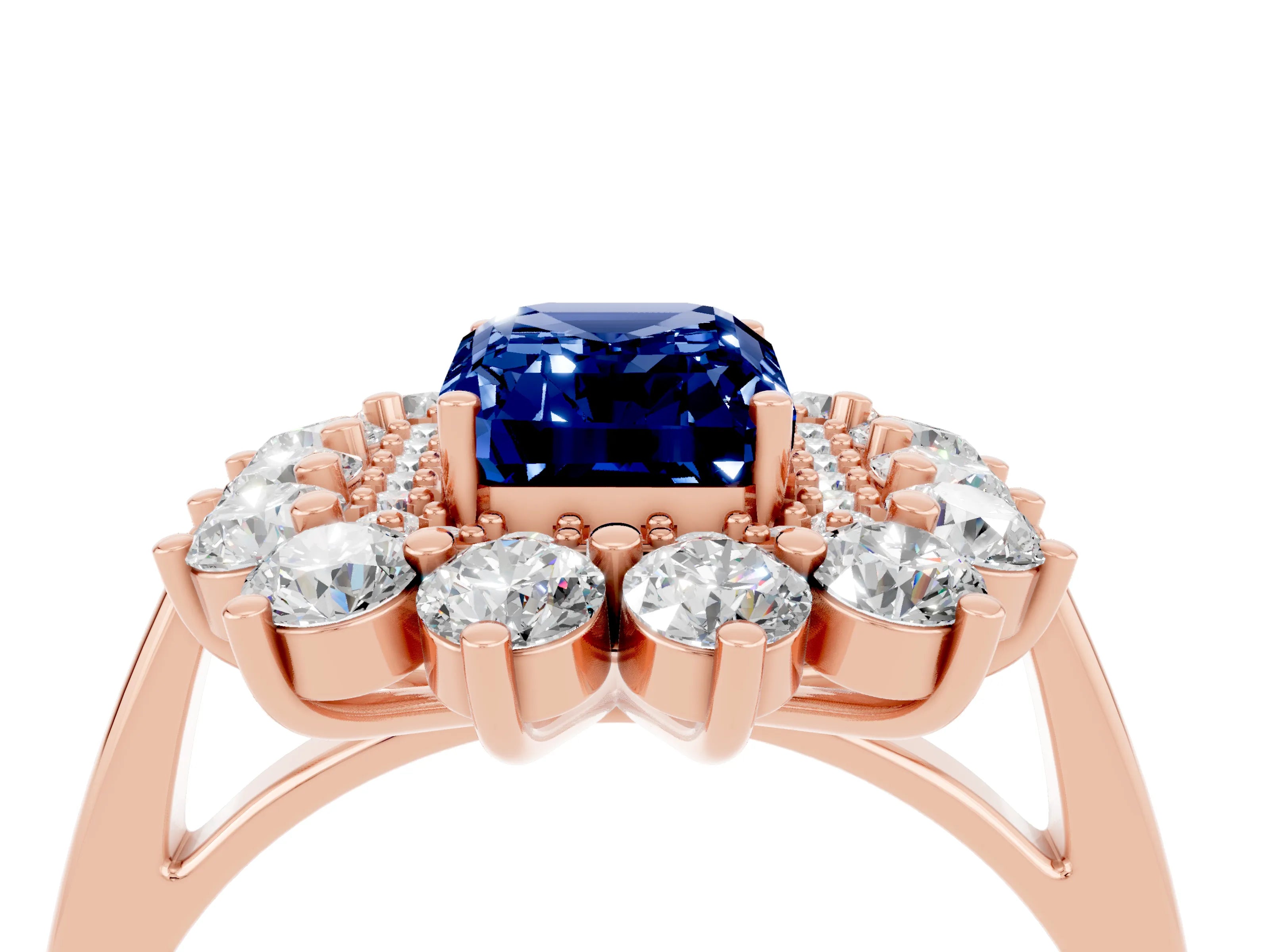 Rose gold Emerald Cut Halo Cluster Diamond Ring with Pave Band and Four-Prong Setting_28