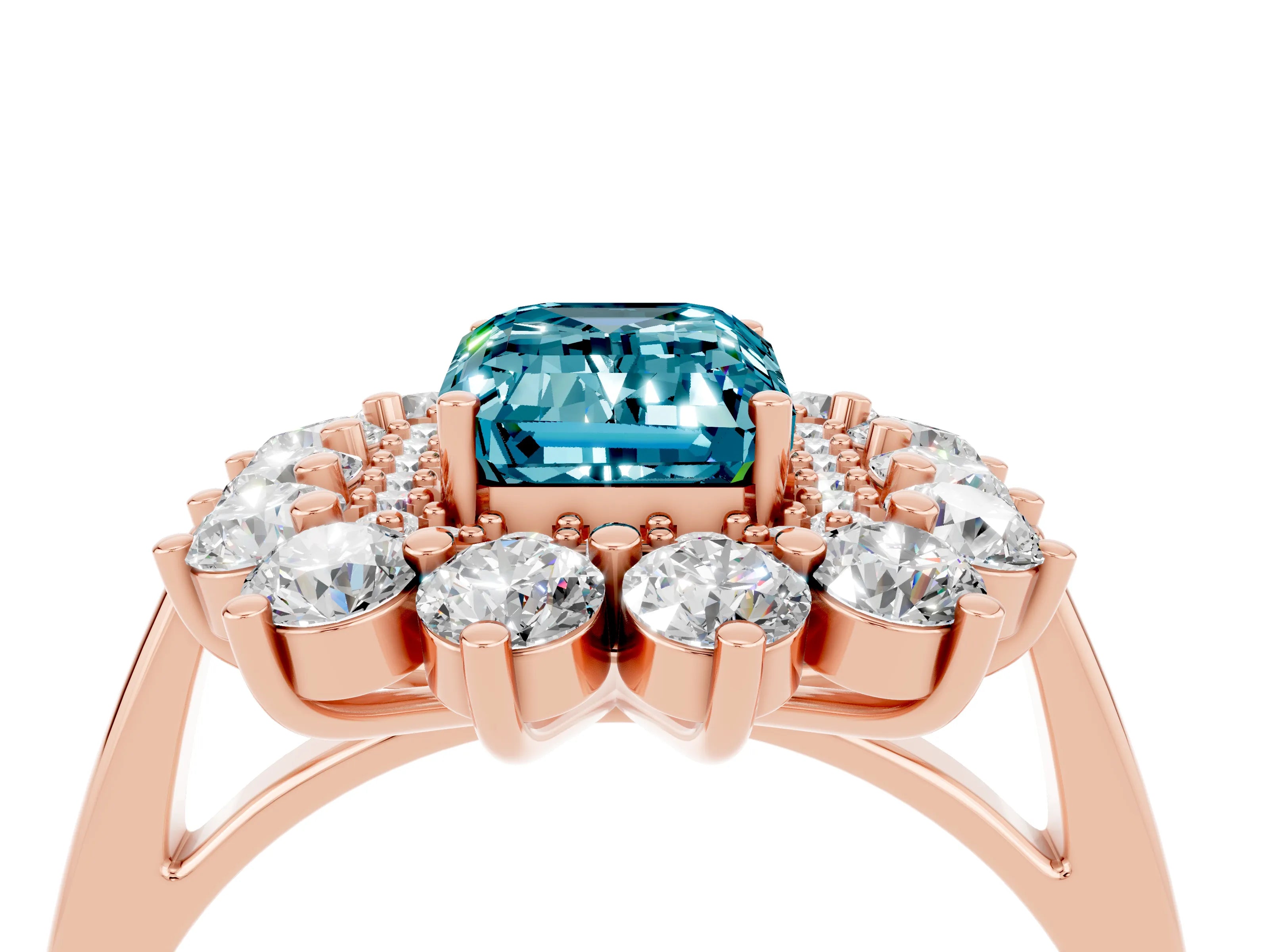 Rose gold Emerald Cut Halo Cluster Diamond Ring with Pave Band and Four-Prong Setting_28