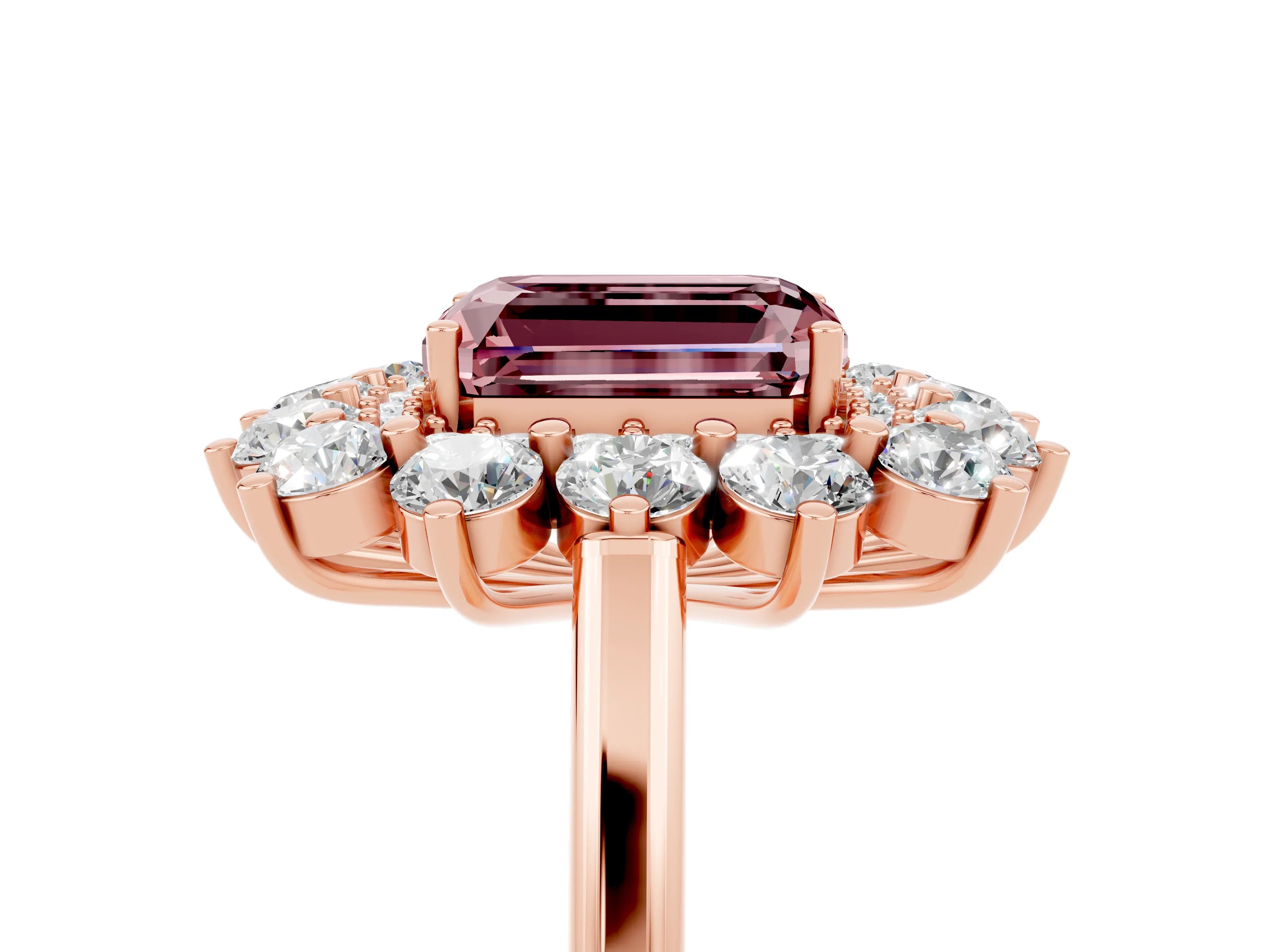 Rose gold Emerald Cut Halo Cluster Diamond Ring with Pave Band and Four-Prong Setting_29