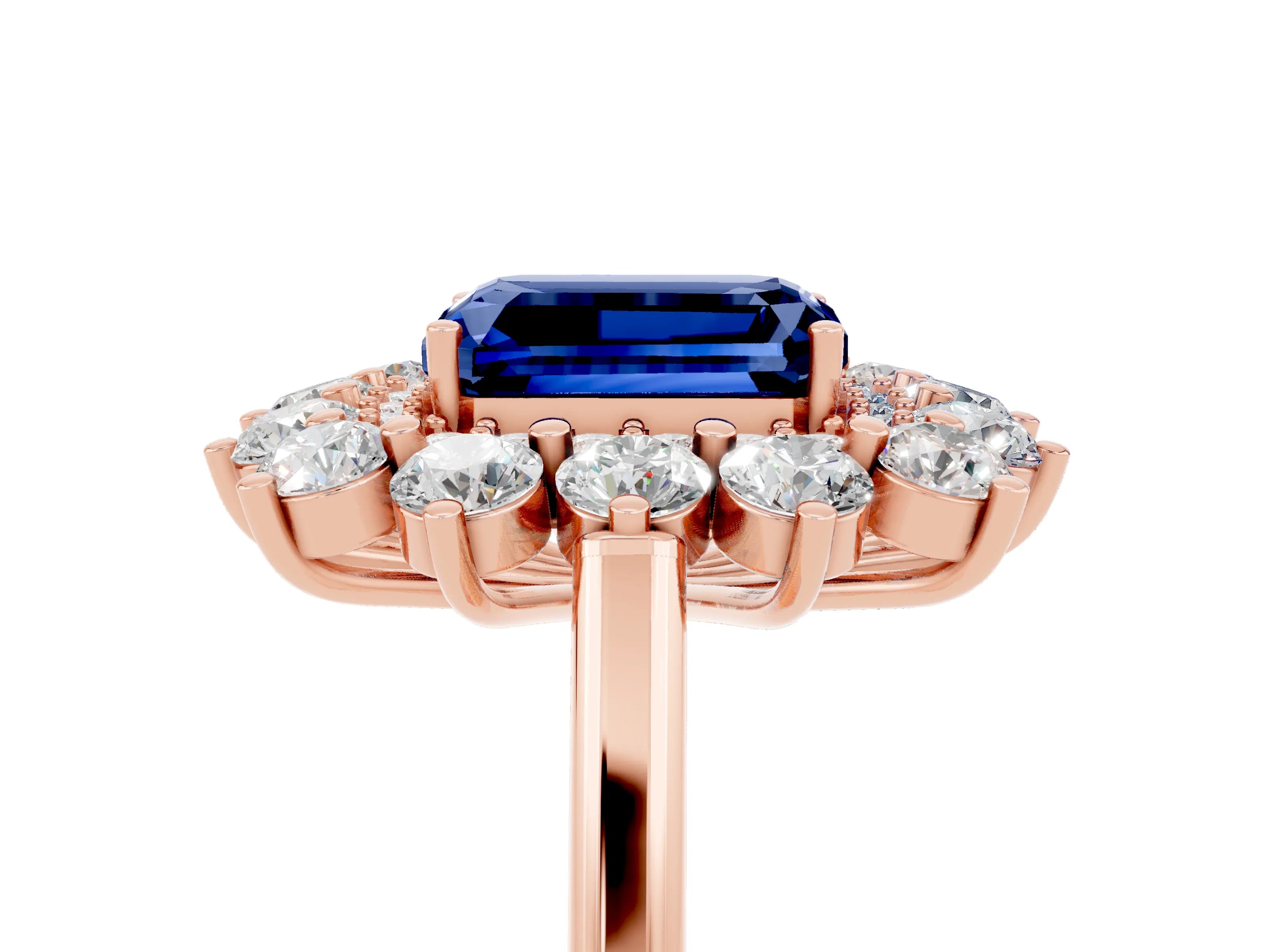 Rose gold Emerald Cut Halo Cluster Diamond Ring with Pave Band and Four-Prong Setting_29