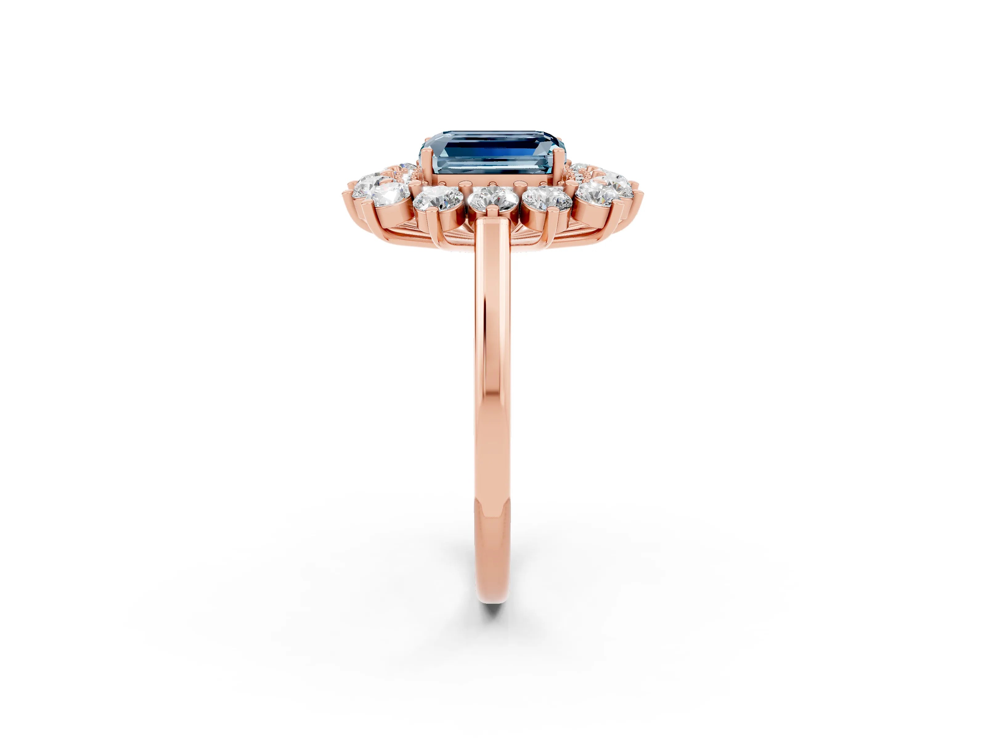 Rose gold Emerald Cut Halo Cluster Diamond Ring with Pave Band and Four-Prong Setting_2