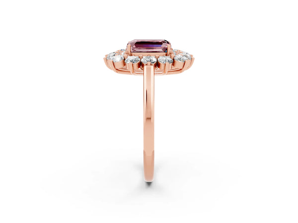 Rose gold Emerald Cut Halo Cluster Diamond Ring with Pave Band and Four-Prong Setting