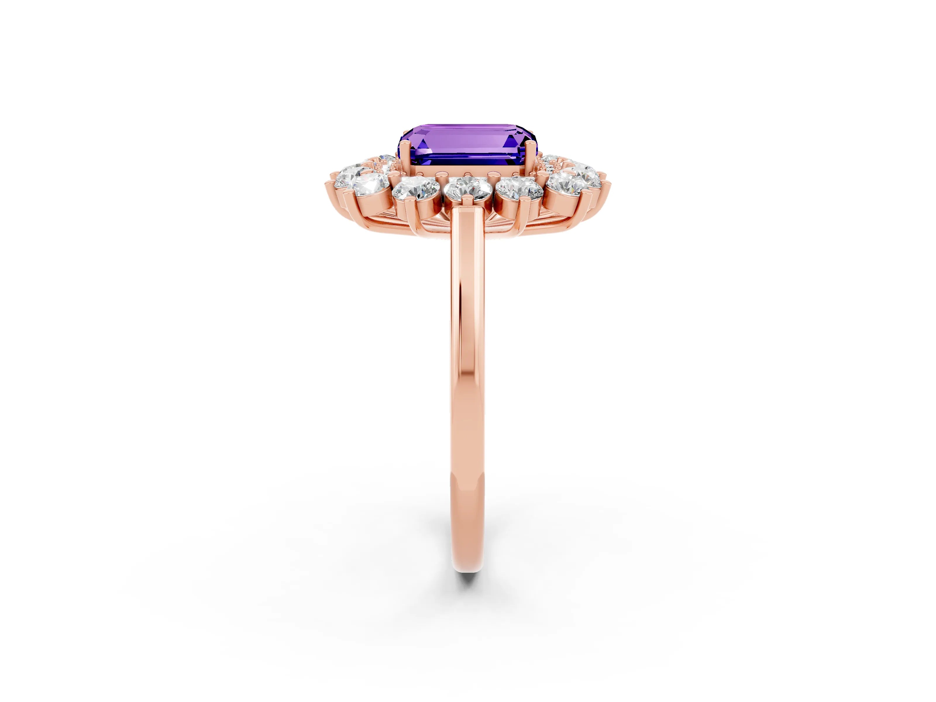 Rose gold Emerald Cut Halo Cluster Diamond Ring with Pave Band and Four-Prong Setting_2