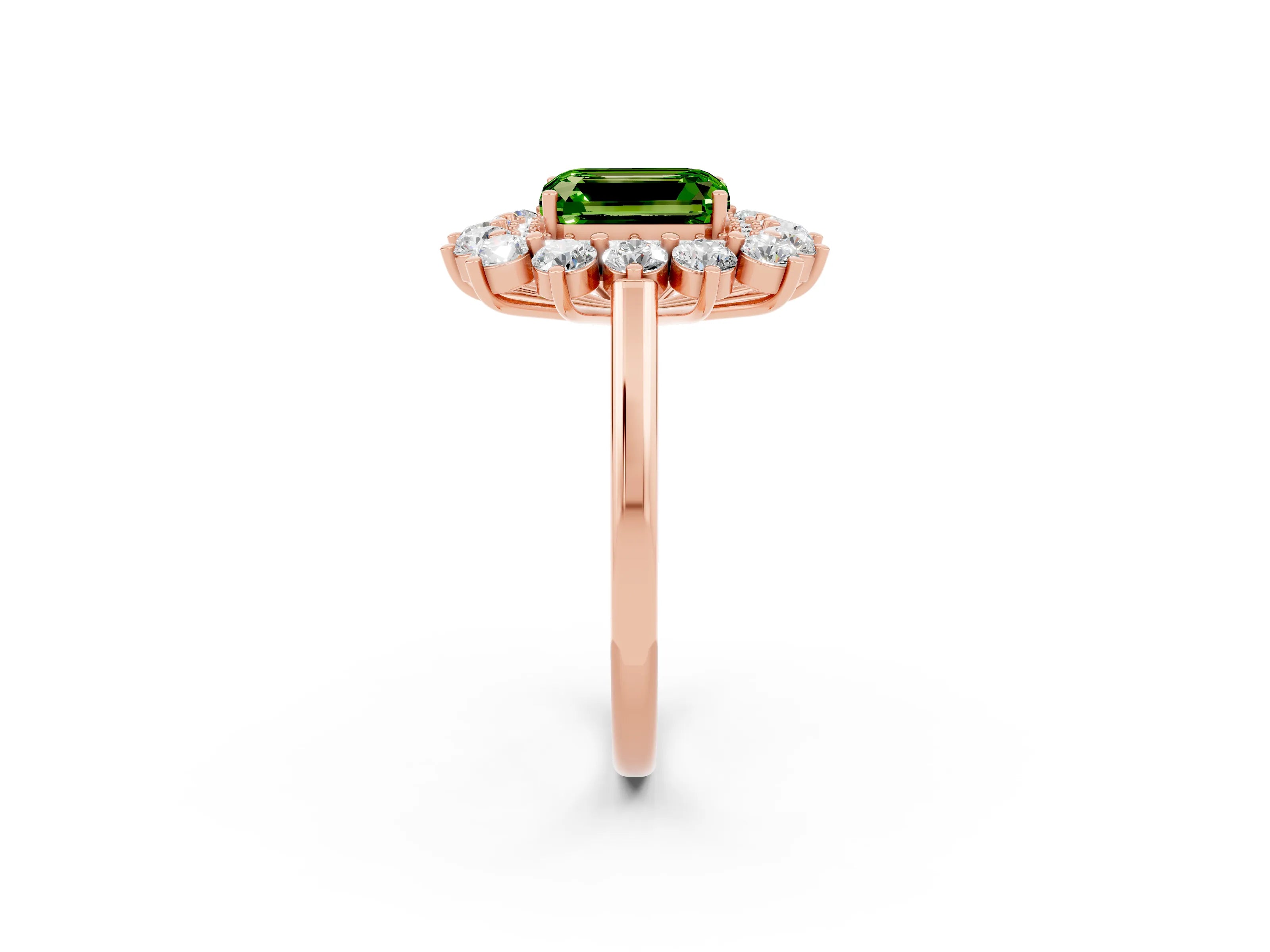Rose gold Emerald Cut Halo Cluster Diamond Ring with Pave Band and Four-Prong Setting_2