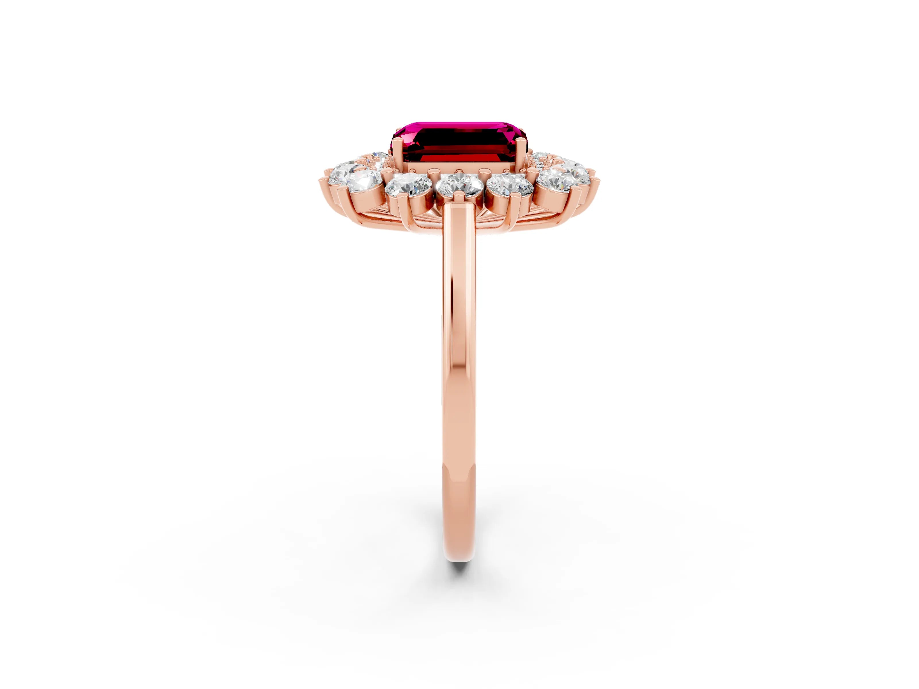 Rose gold Emerald Cut Halo Cluster Diamond Ring with Pave Band and Four-Prong Setting_2