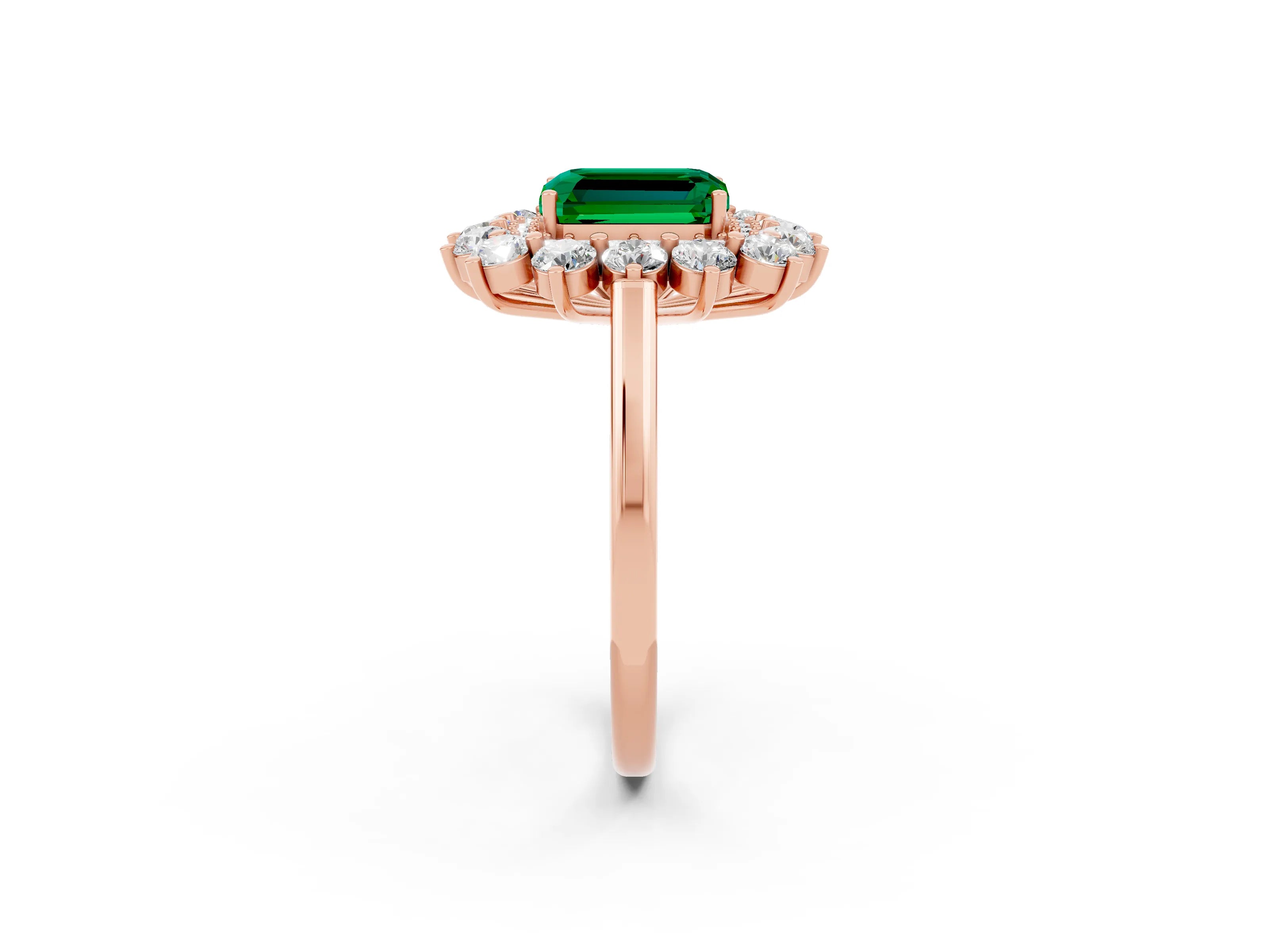 Rose gold Emerald Cut Halo Cluster Diamond Ring with Pave Band and Four-Prong Setting_2