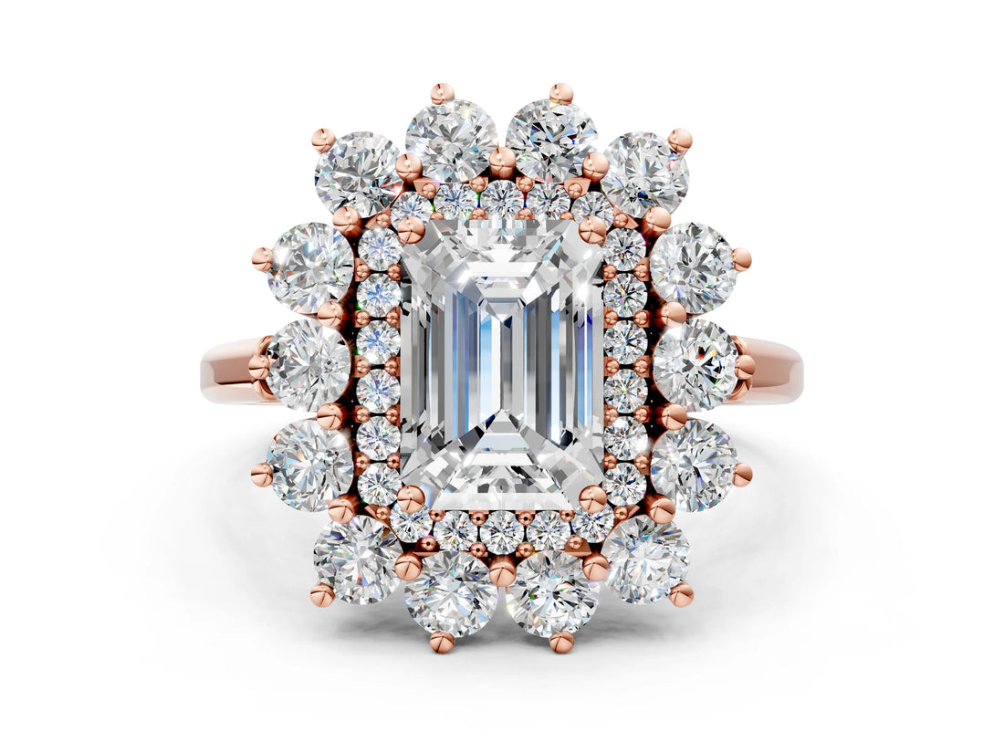 Rose gold Emerald Cut Halo Cluster Diamond Ring with Pave Band and Four-Prong Setting_3