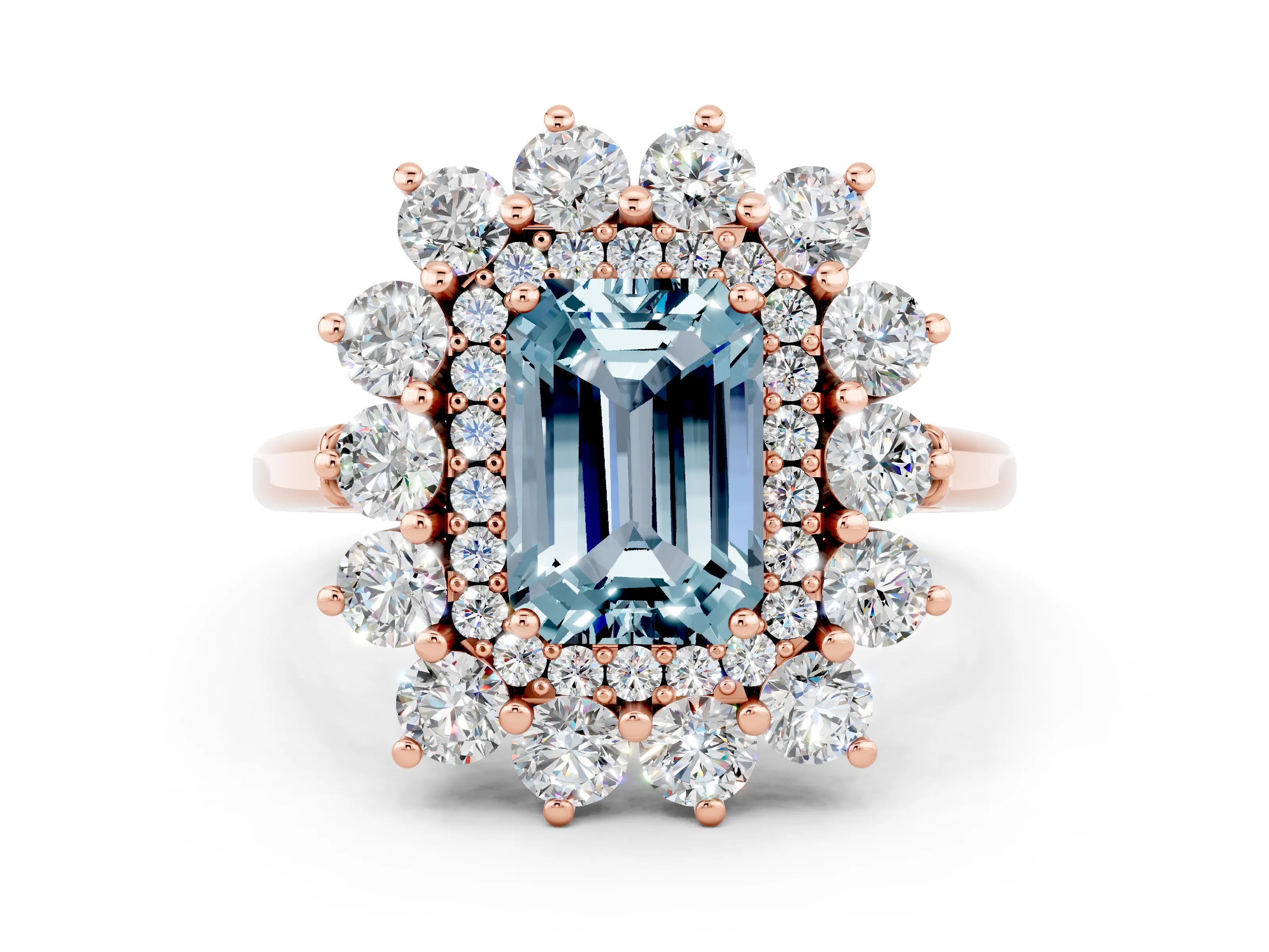 Rose gold Emerald Cut Halo Cluster Diamond Ring with Pave Band and Four-Prong Setting
