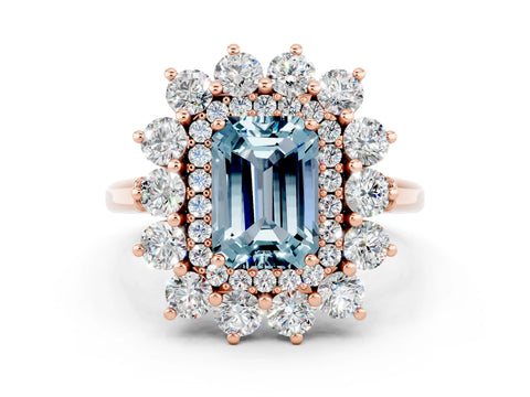 Rose gold Emerald Cut Halo Cluster Diamond Ring with Pave Band and Four-Prong Setting