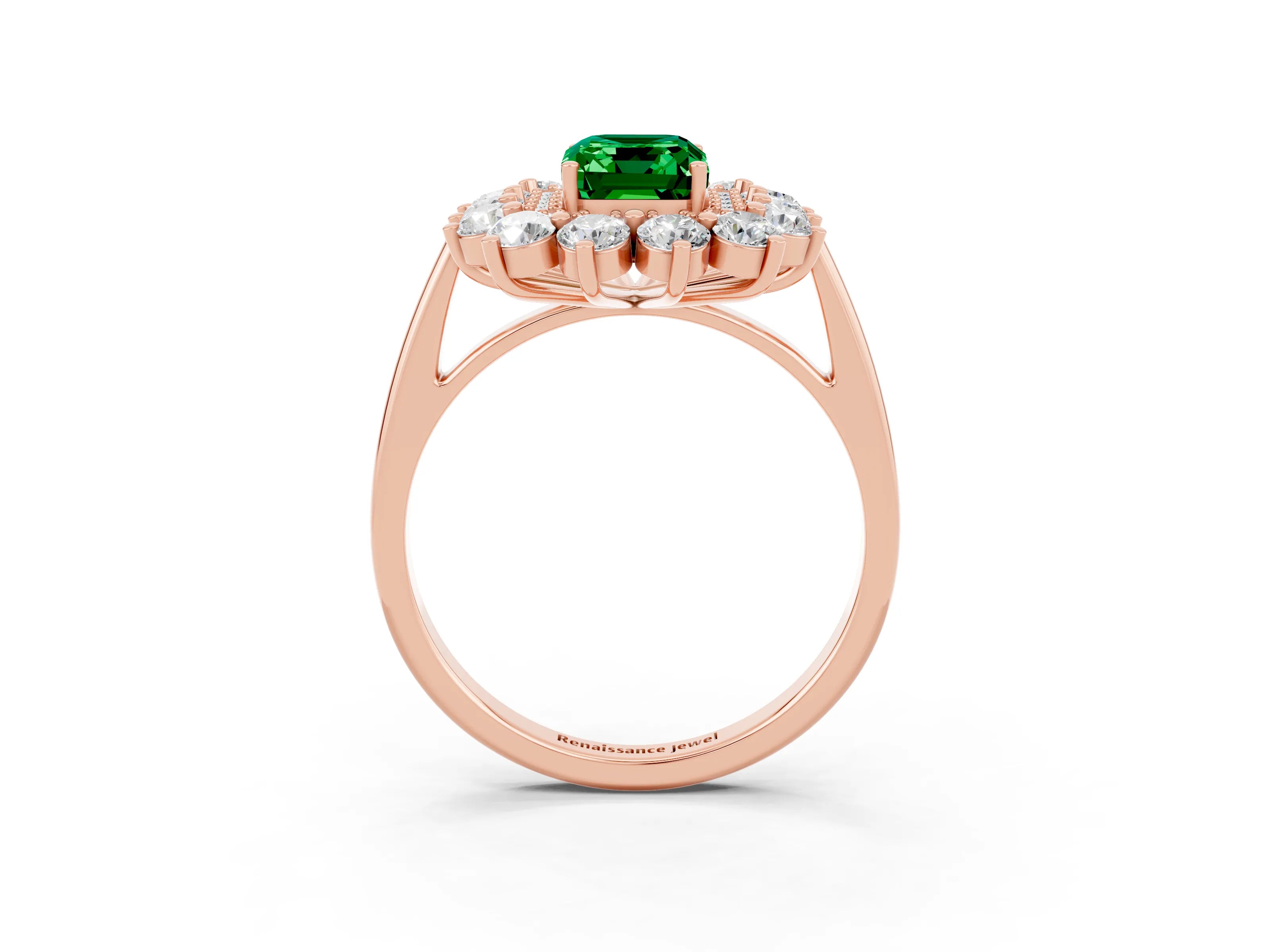 Rose gold Emerald Cut Halo Cluster Diamond Ring with Pave Band and Four-Prong Setting_3