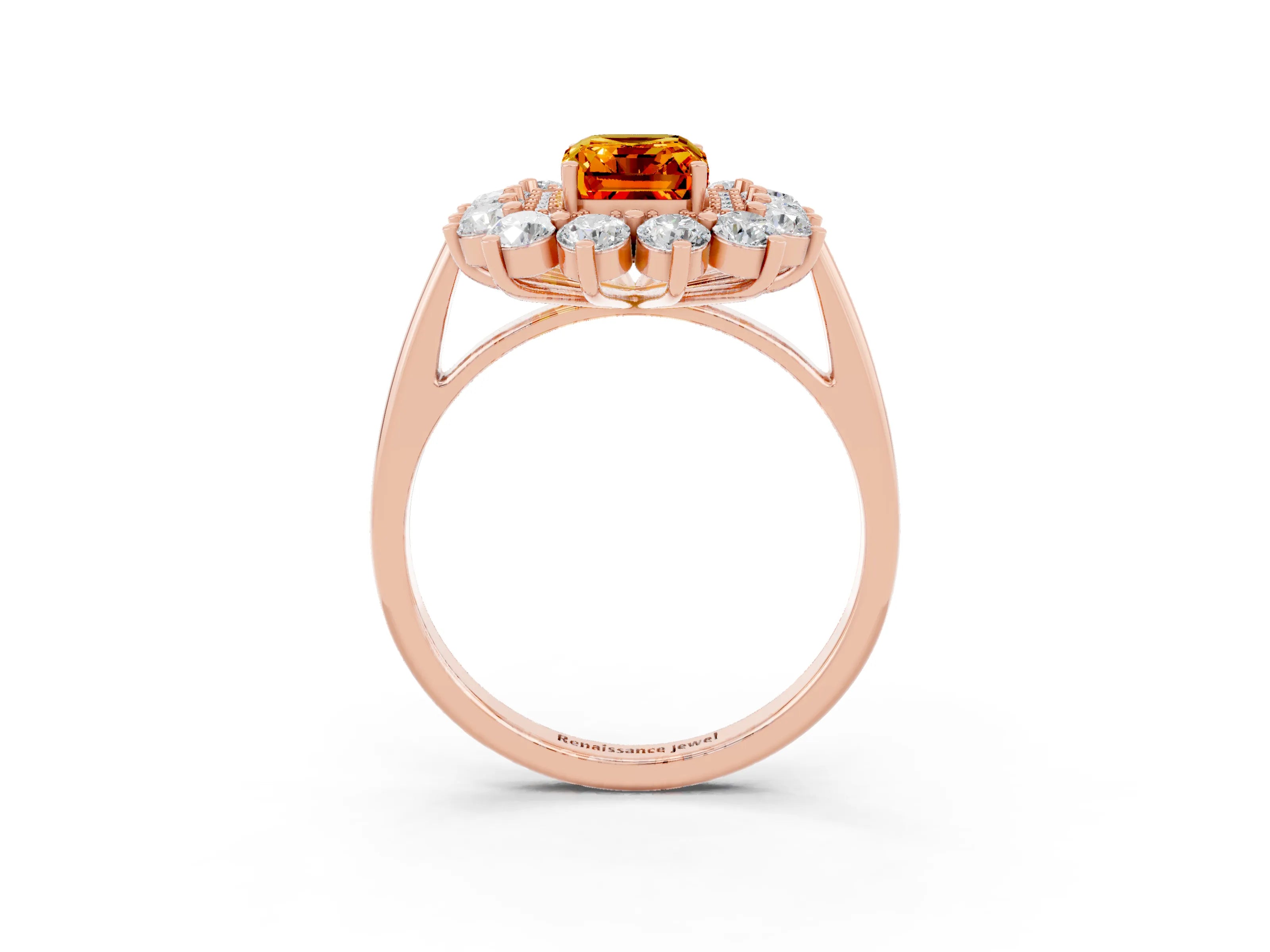 Rose gold Emerald Cut Halo Cluster Diamond Ring with Pave Band and Four-Prong Setting_3