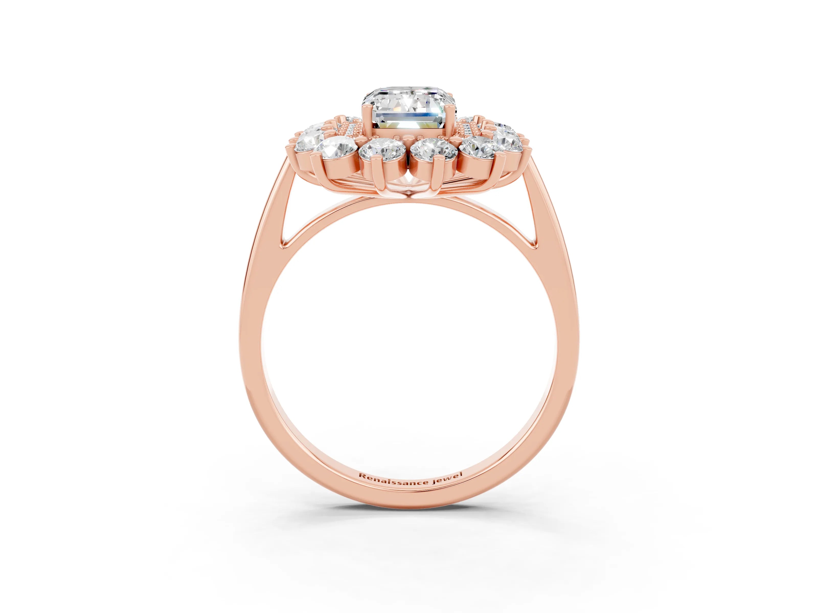 Rose gold Emerald Cut Halo Cluster Diamond Ring with Pave Band and Four-Prong Setting_3
